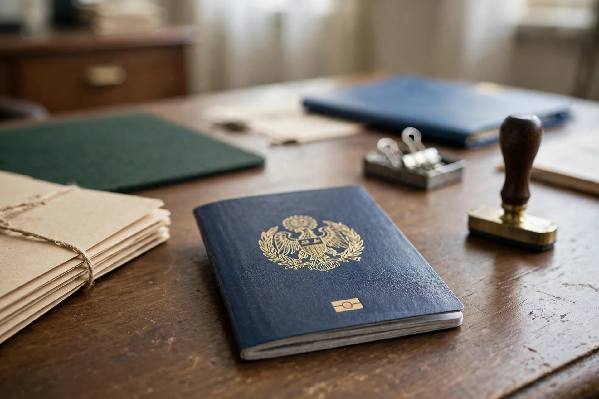 Pasaporte electrónico azul sobre una mesa de madera de oficina gubernamental, junto a un sello y carpetas