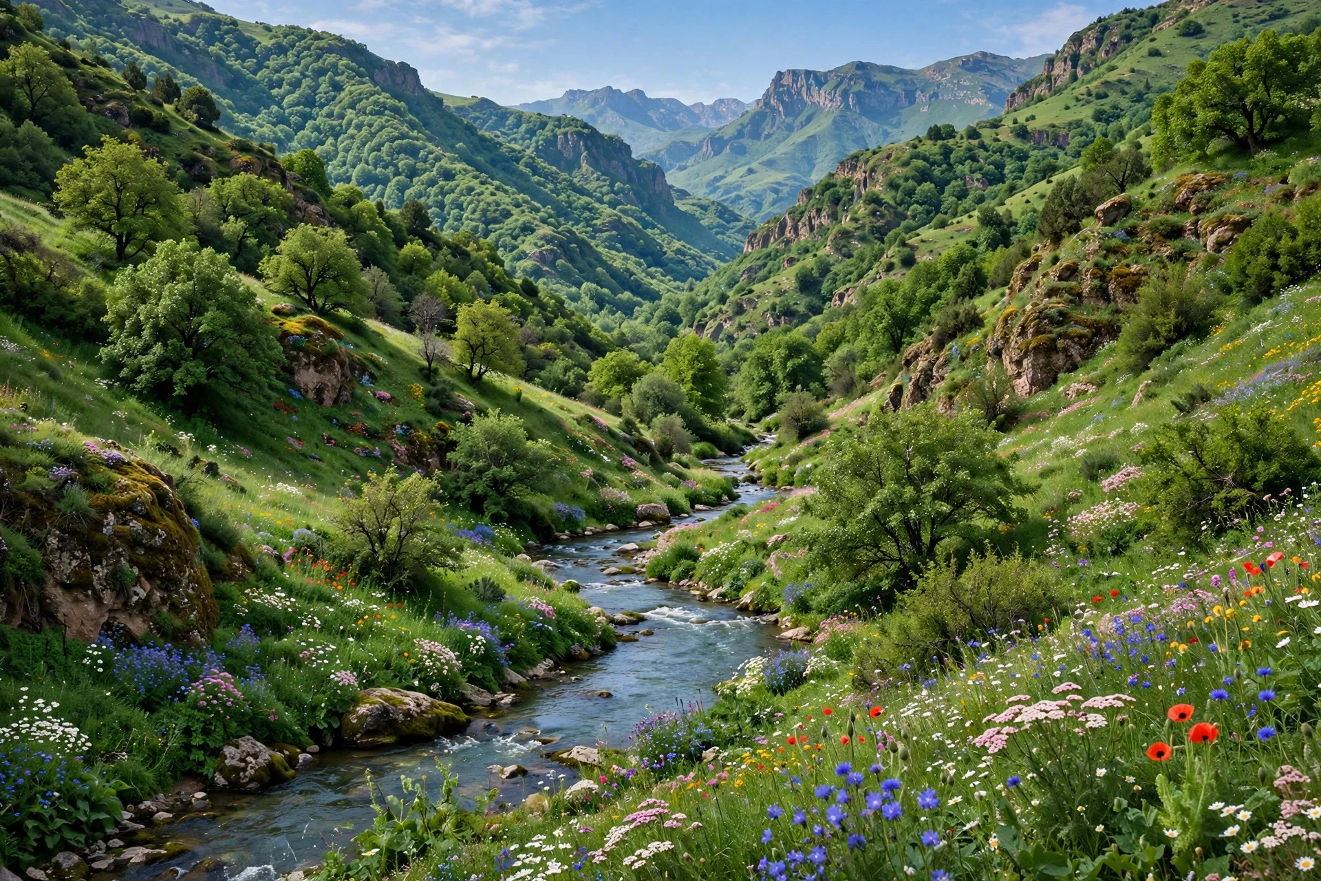 Valle montañoso verde en Armenia con un río, bosques y flores silvestres bajo un cielo despejado