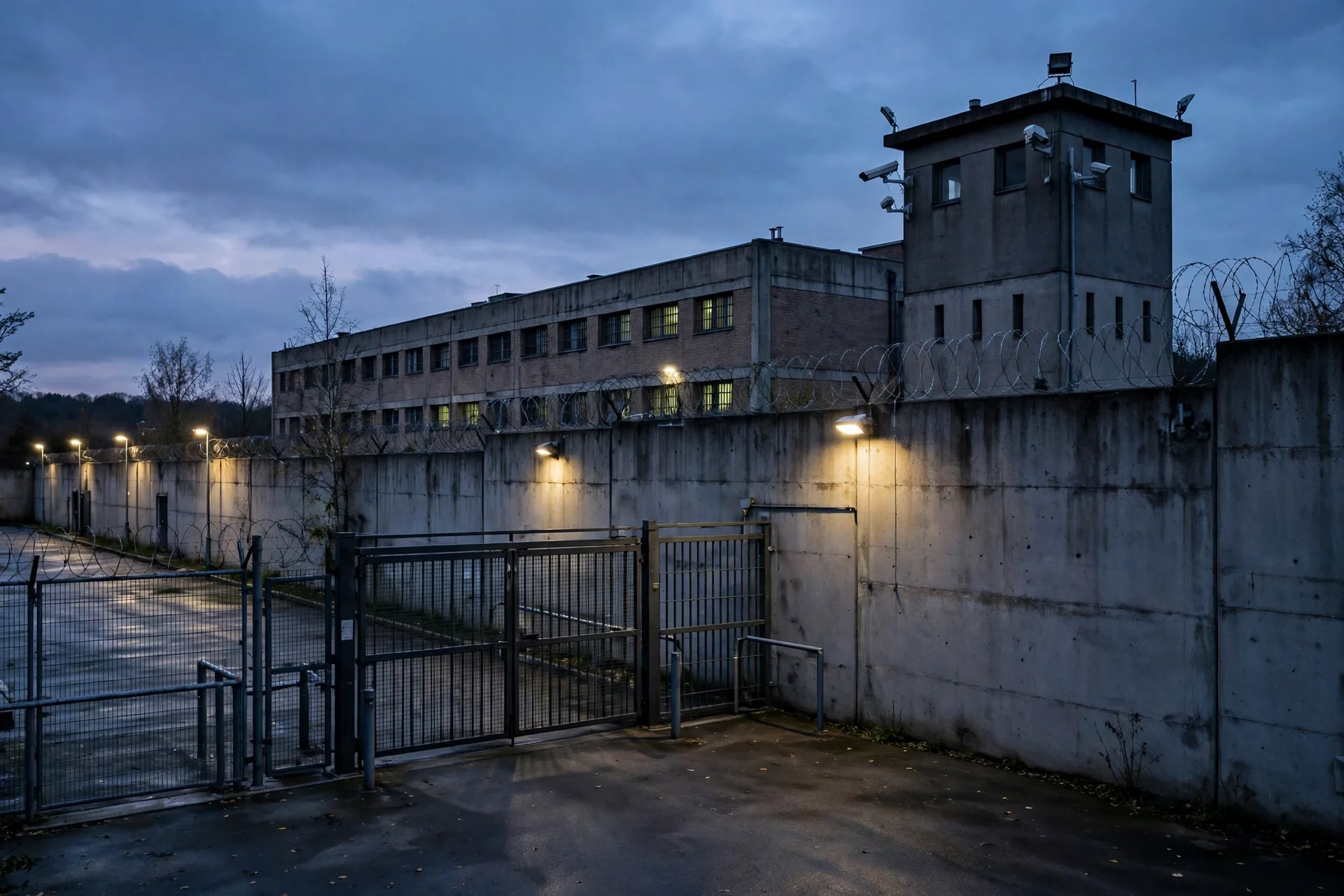 Exterior de un centro penitenciario al atardecer, con muro perimetral, torre de vigilancia y portón cerrado en ambiente sobrio