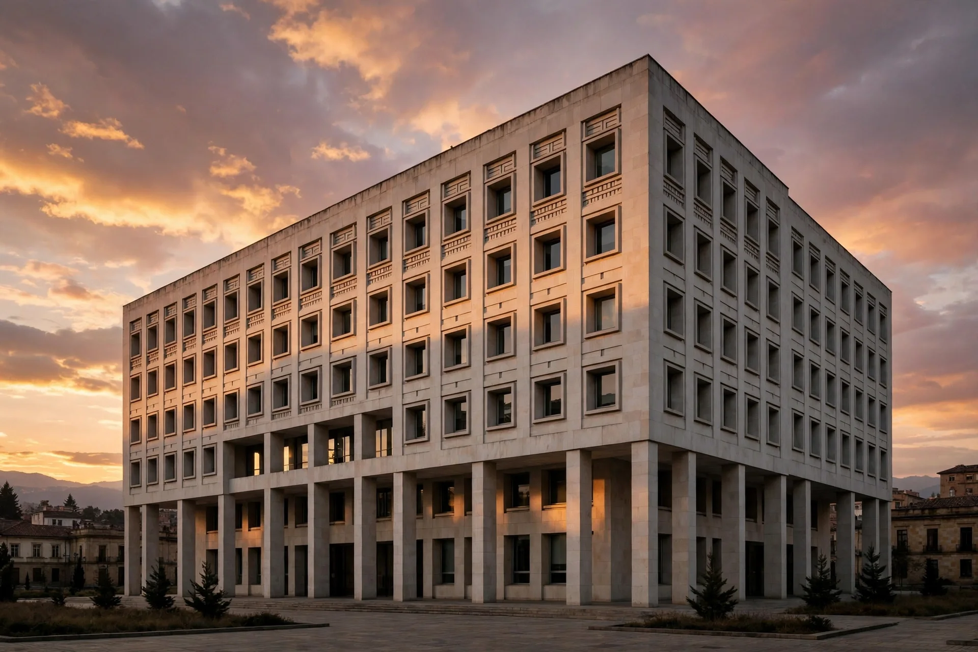 Fachada de piedra de un alto tribunal en Bogotá bajo un cielo de atardecer