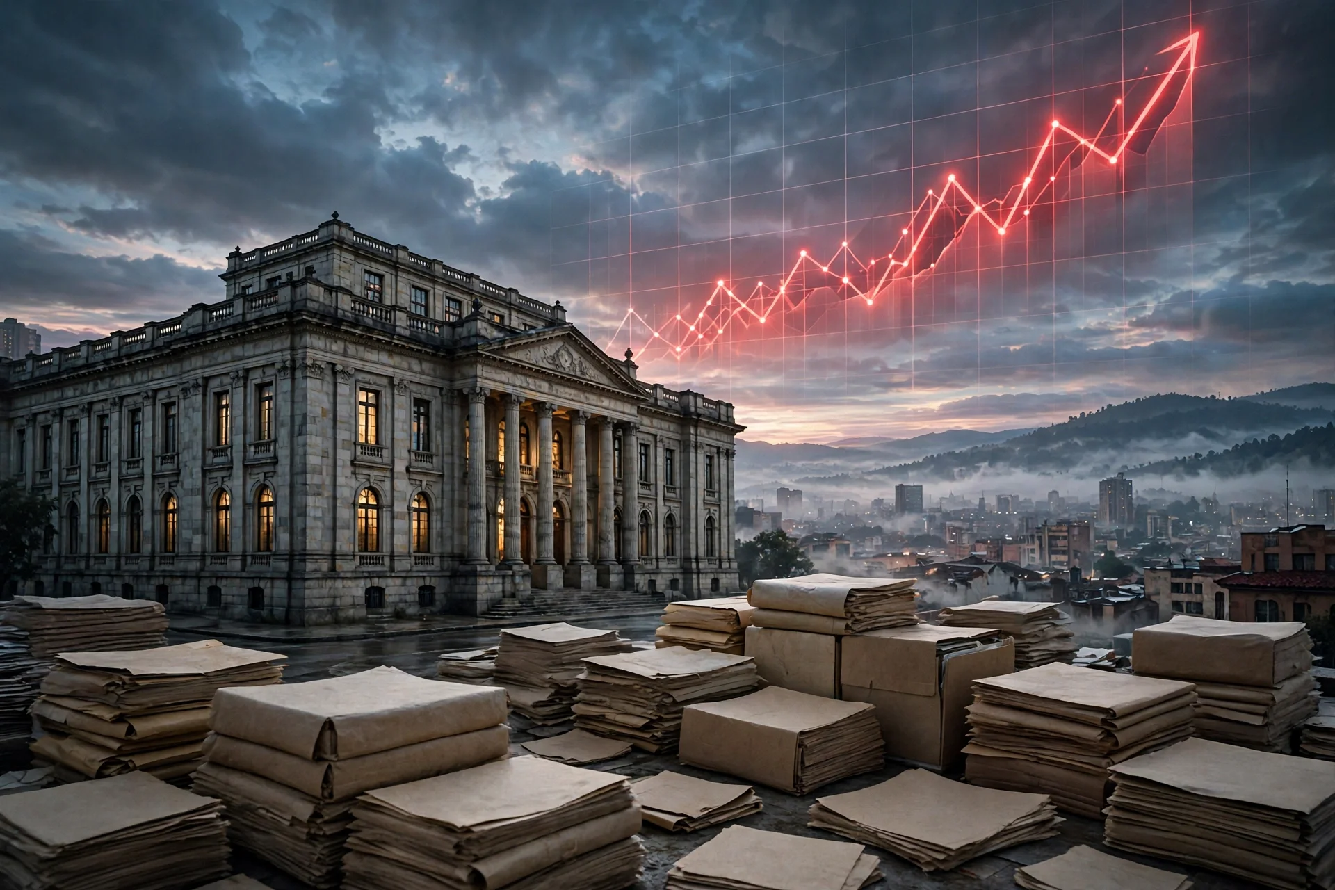 Edificio gubernamental en Bogotá al amanecer con pilas de documentos presupuestarios y una gráfica roja ascendente de deuda sobre la ciudad