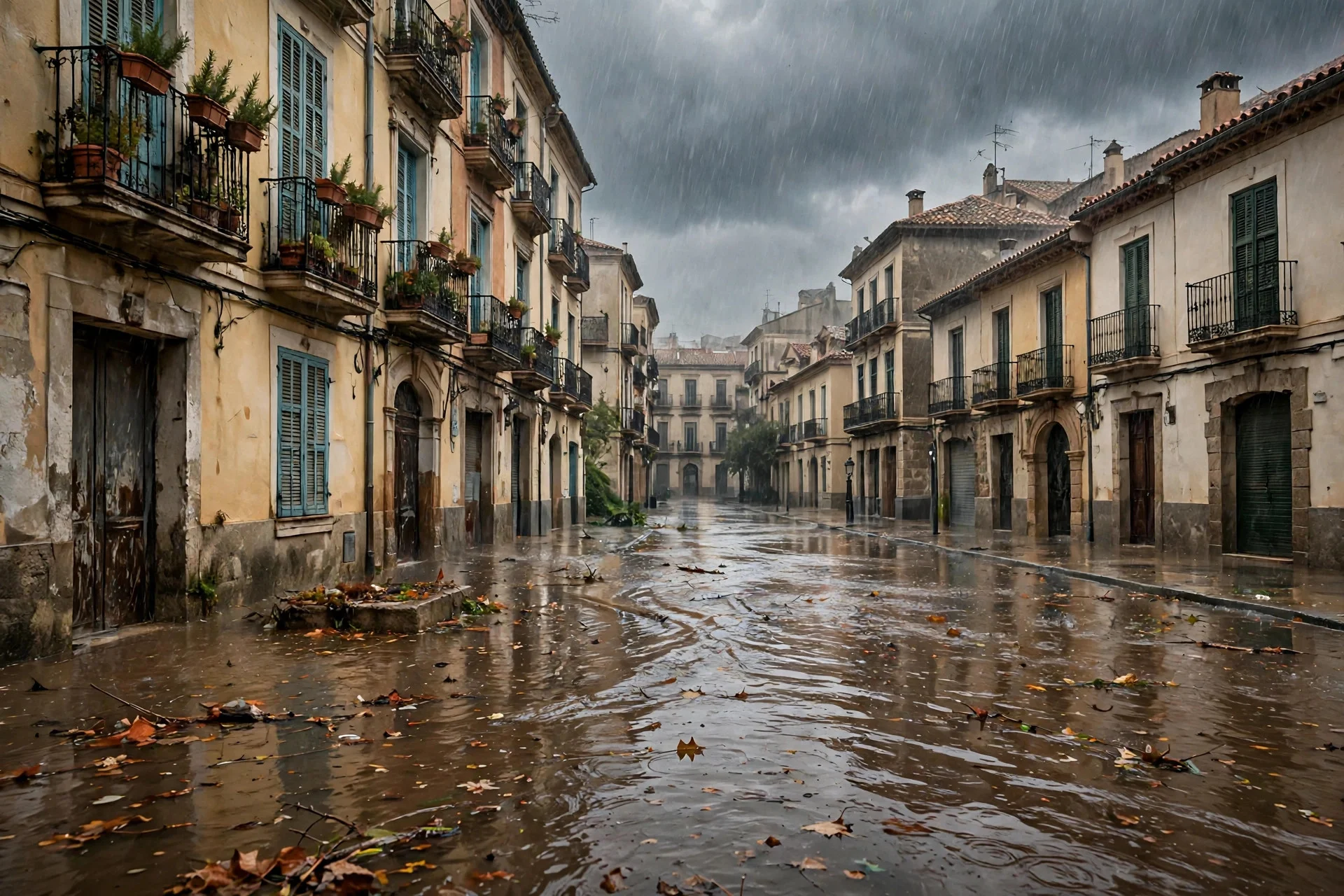 Calle de un pueblo valenciano inundada bajo una lluvia intensa, con el agua cubriendo toda la calzada