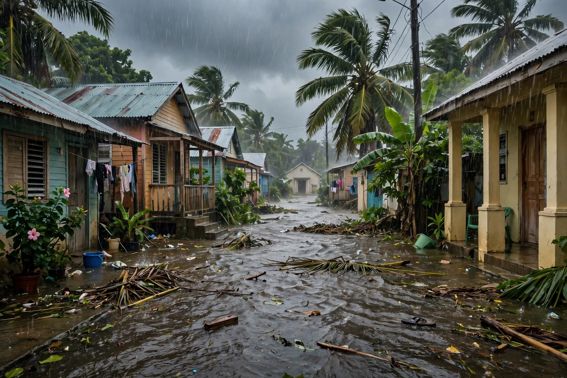 Calle de una comunidad caribeña inundada bajo lluvia intensa, con casas de madera a ambos lados, palmeras inclinadas por el viento y ramas arrastradas por el agua
