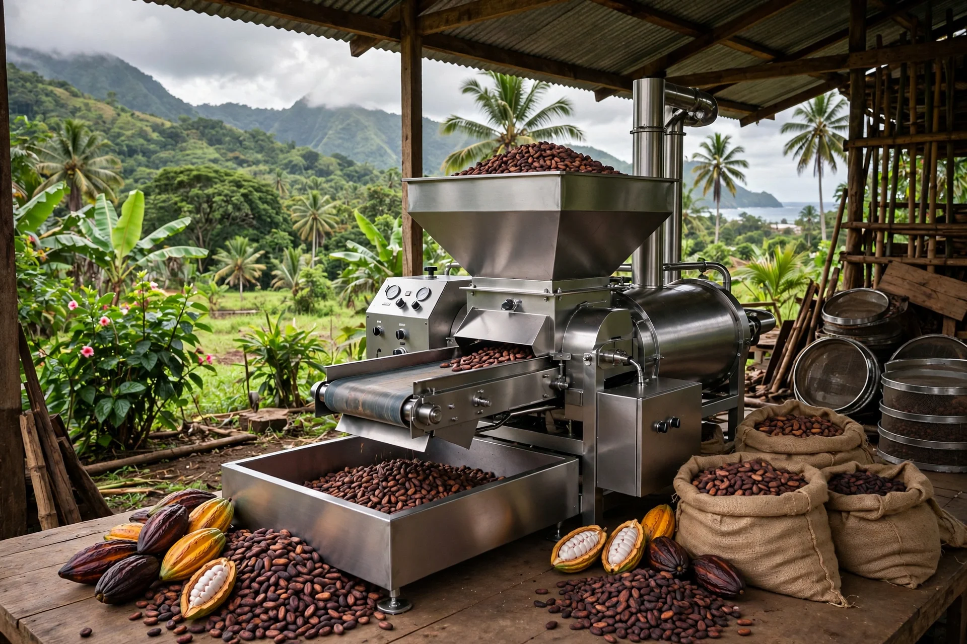 Máquina moderna de procesamiento de cacao en una instalación rural de las Islas Salomón, con granos de cacao y paisaje tropical al fondo