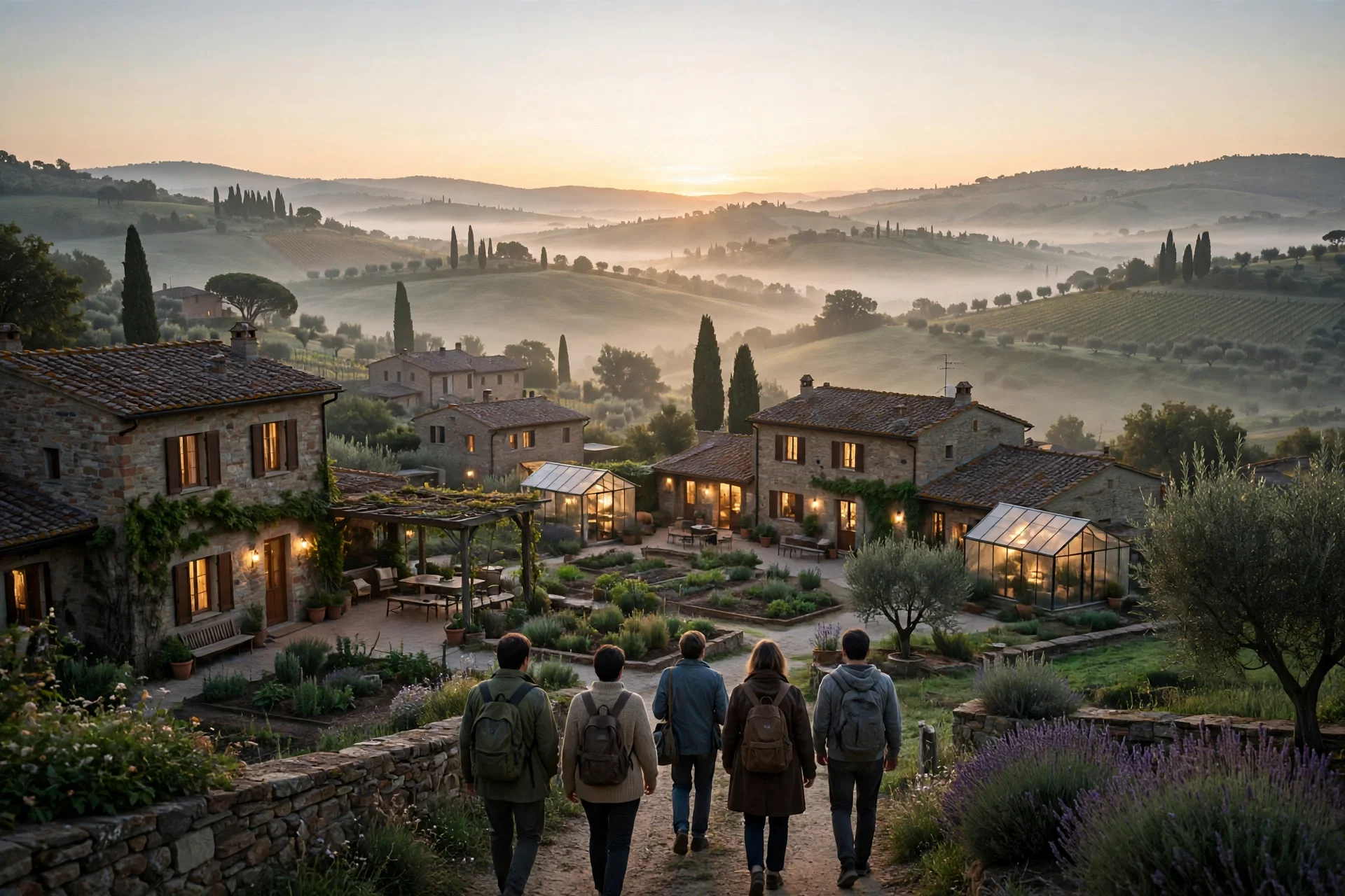 Colinas italianas al amanecer con casas de piedra iluminadas y cinco personas de espaldas caminando hacia una comunidad