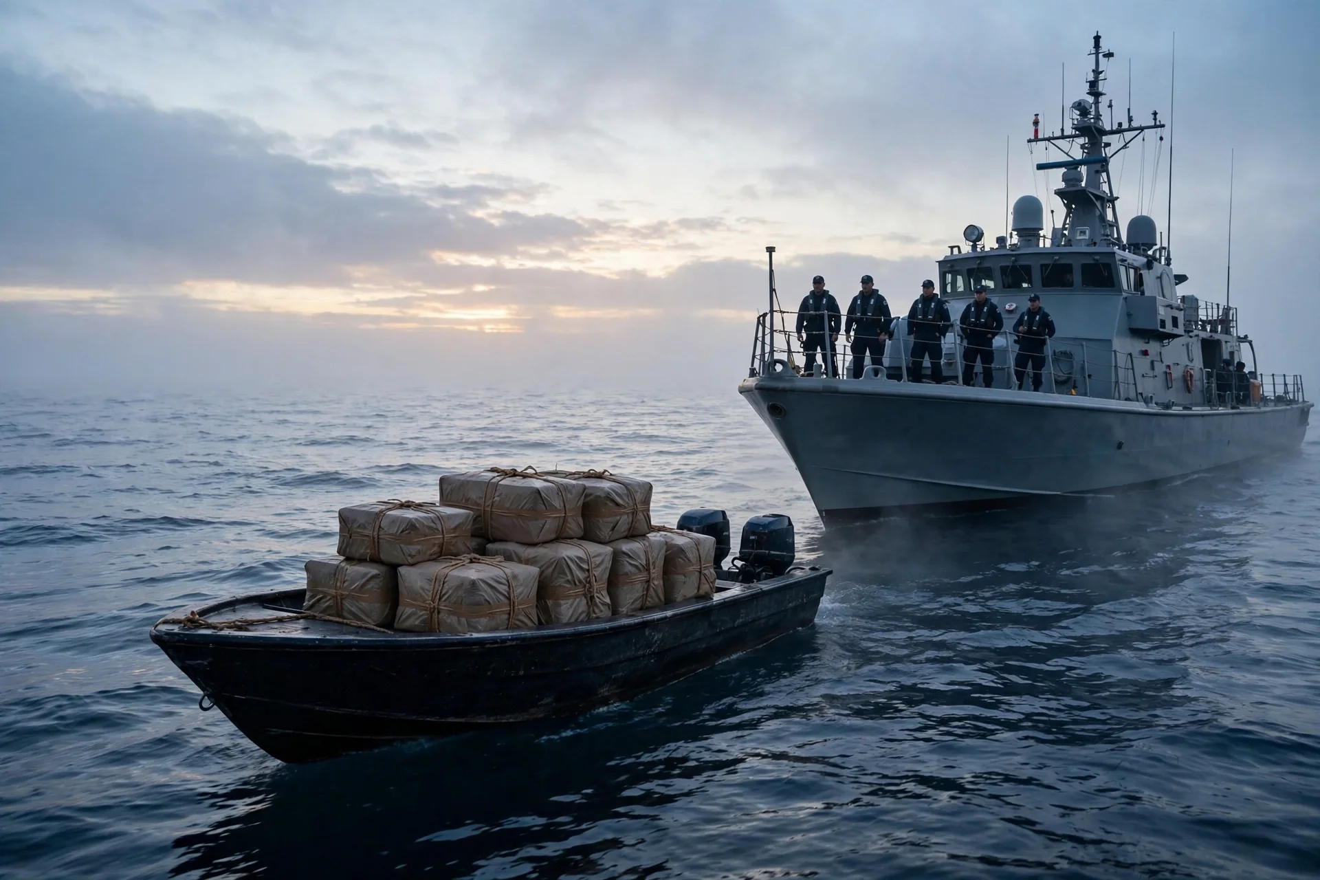 Patrulla naval junto a una lancha con paquetes incautados en el Pacífico al amanecer