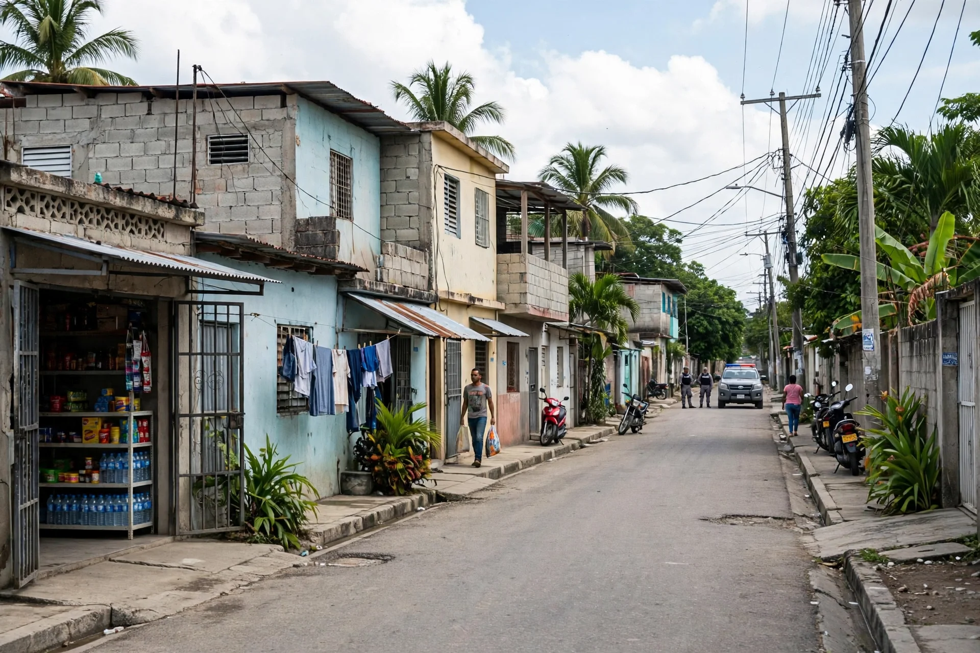 Calle de un barrio de Santo Domingo Norte con presencia policial a distancia
