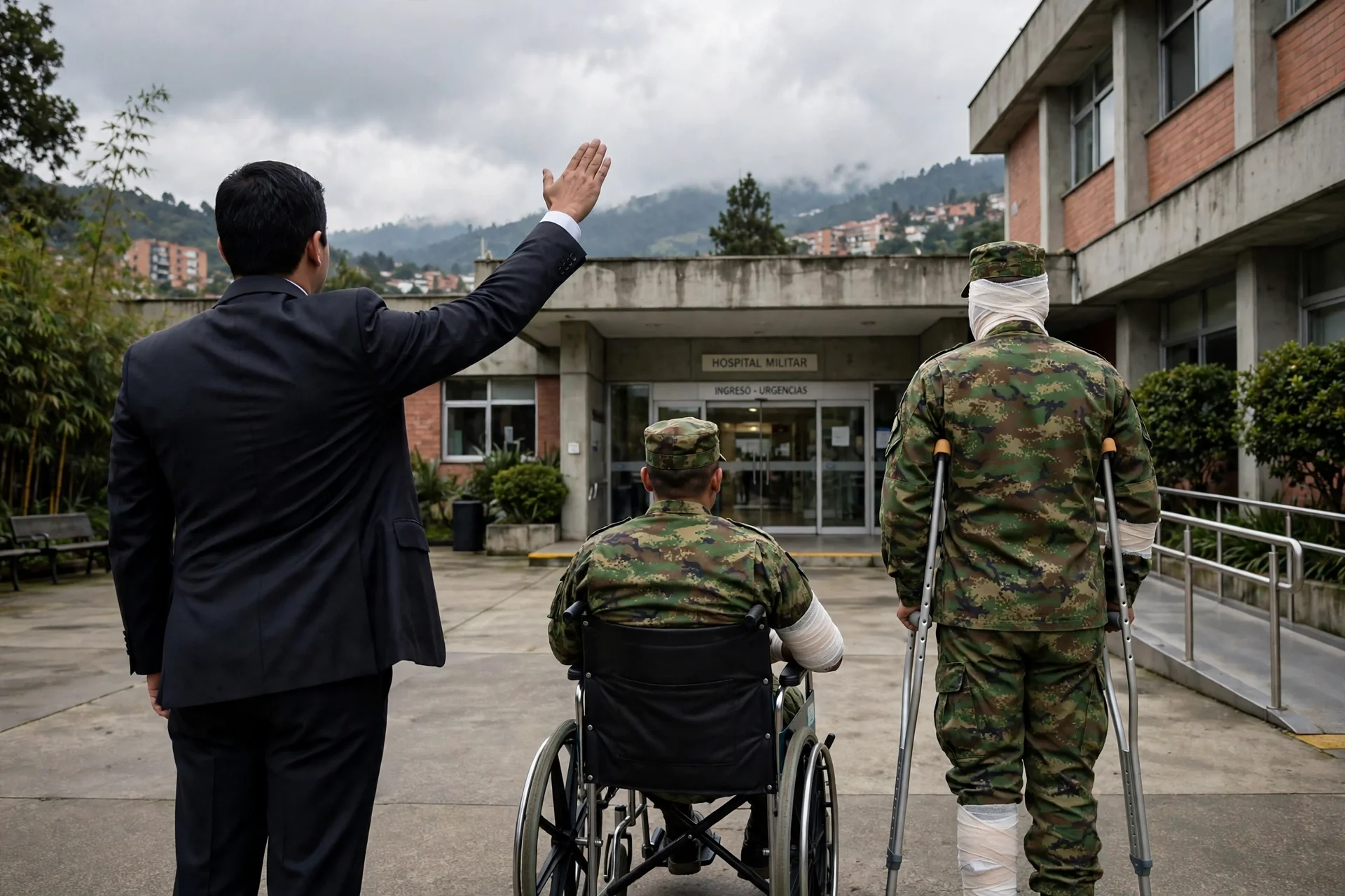 Vista desde atrás de un hombre de traje saludando con la mano alzada junto a dos soldados heridos, uno en silla de ruedas con el brazo vendado y otro con muletas y vendajes, frente a la entrada de urgencias de un hospital militar