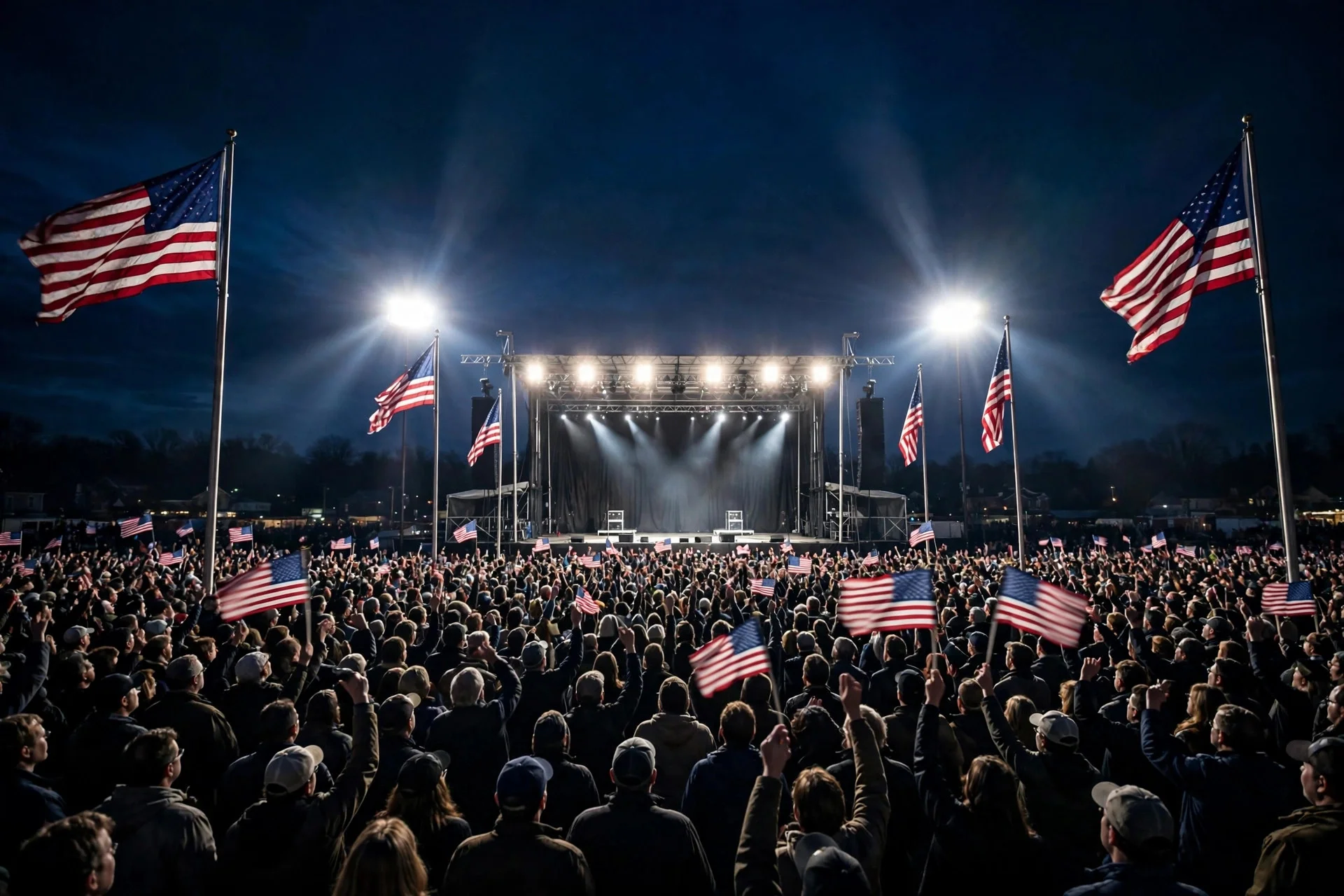 Mitin político nocturno en Ohio: escenario iluminado con banderas estadounidenses y una multitud de simpatizantes con banderas, ilustración editorial