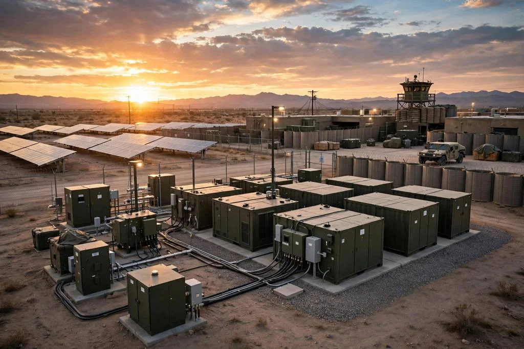 Base militar en el desierto al atardecer con paneles solares, baterías y torre de vigilancia