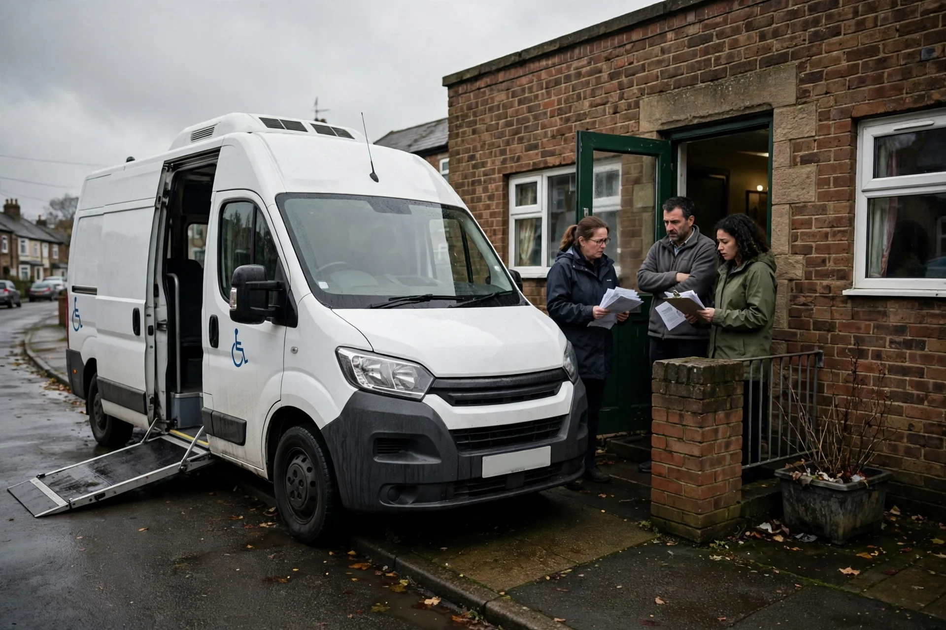 Minibús accesible con rampa junto a una oficina benéfica de ladrillo en Inglaterra