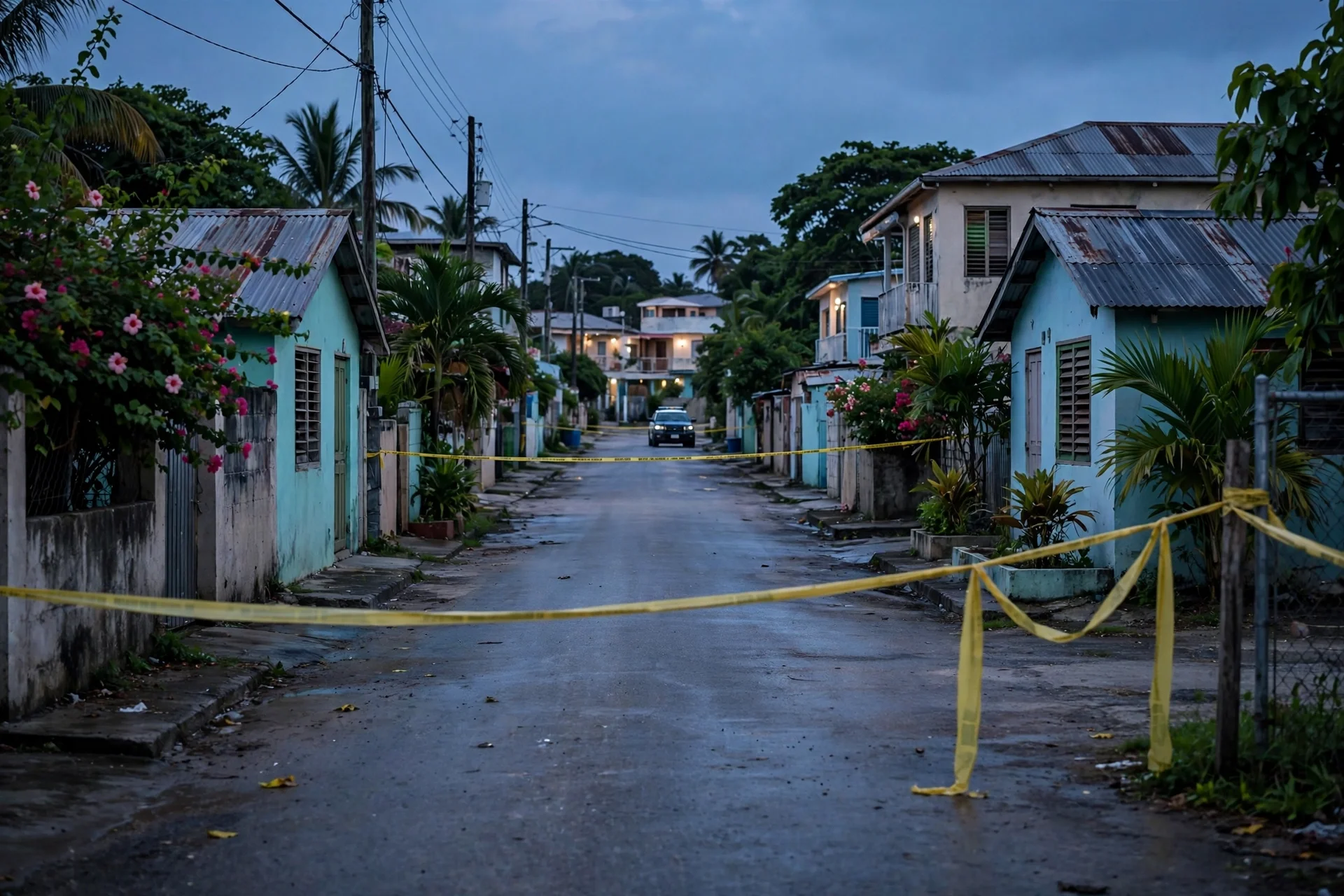 Calle residencial caribeña al anochecer acordonada con cinta policial amarilla, con una patrulla a distancia y casas bajas a ambos lados, sin personas visibles