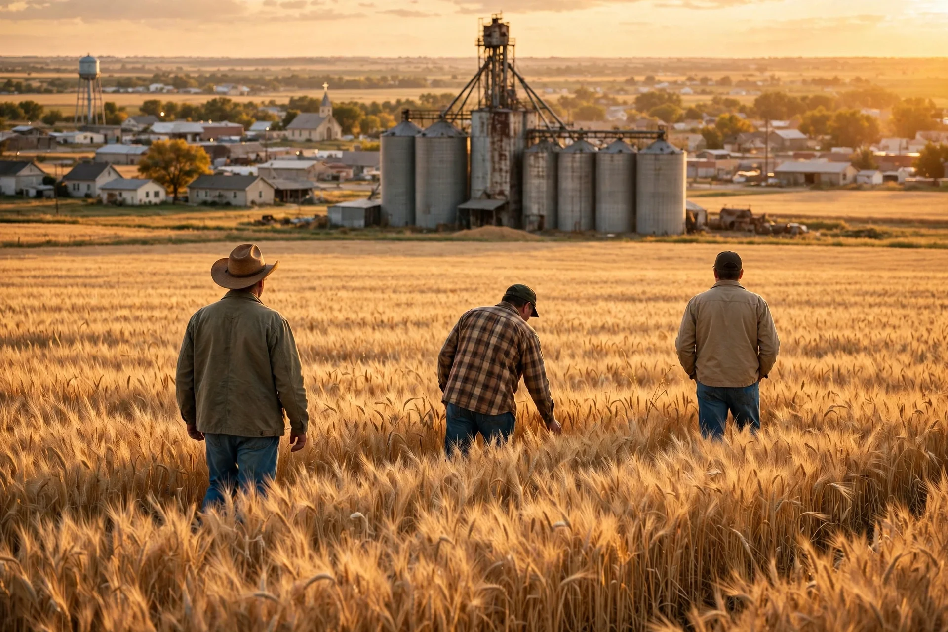 Campo de trigo dorado en Kansas con agricultores y un elevador de grano al fondo al atardecer