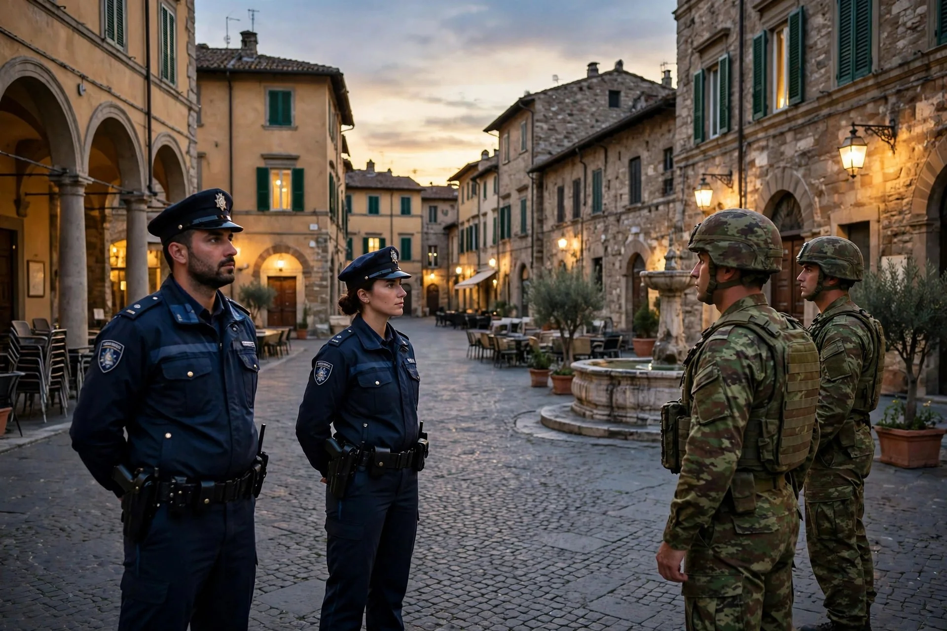 Dos policías de uniforme azul y dos militares de camuflaje vigilan una plaza empedrada italiana con fuente al atardecer, en ambiente tranquilo