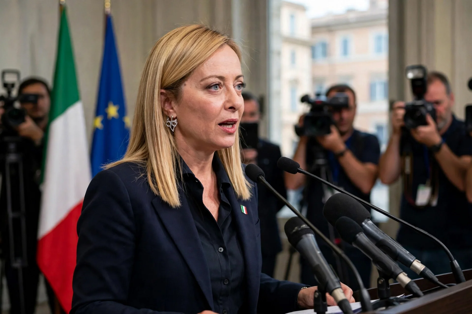 Giorgia Meloni hablando ante micrófonos en una rueda de prensa en Roma, con las banderas de Italia y de la Unión Europea detrás
