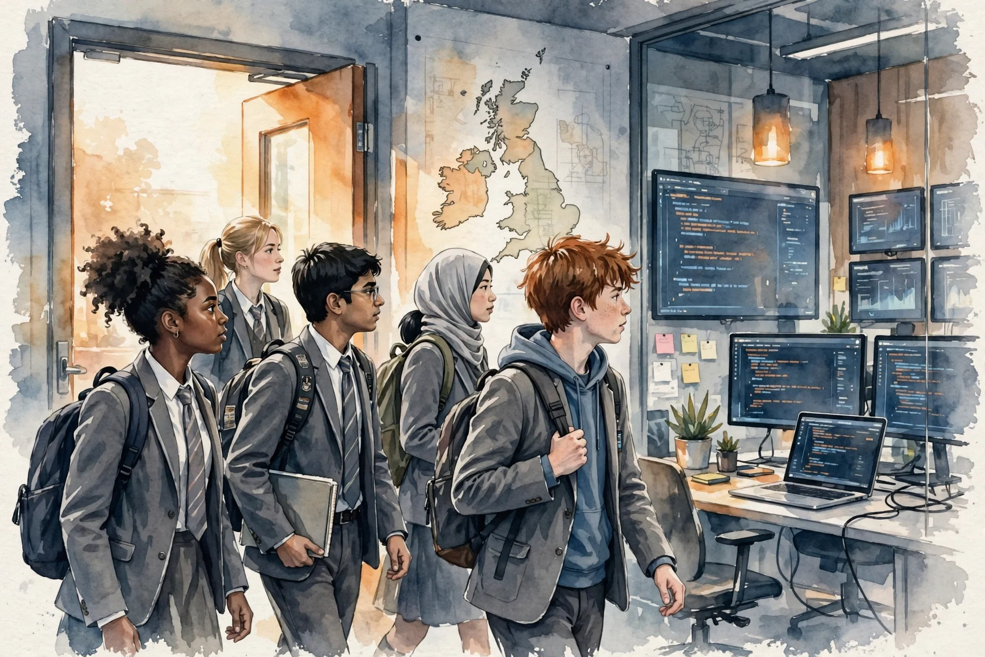 Ilustración editorial en acuarela de estudiantes secundarios británicos con mochilas entrando a una oficina tecnológica con pantallas de código y un mapa del Reino Unido