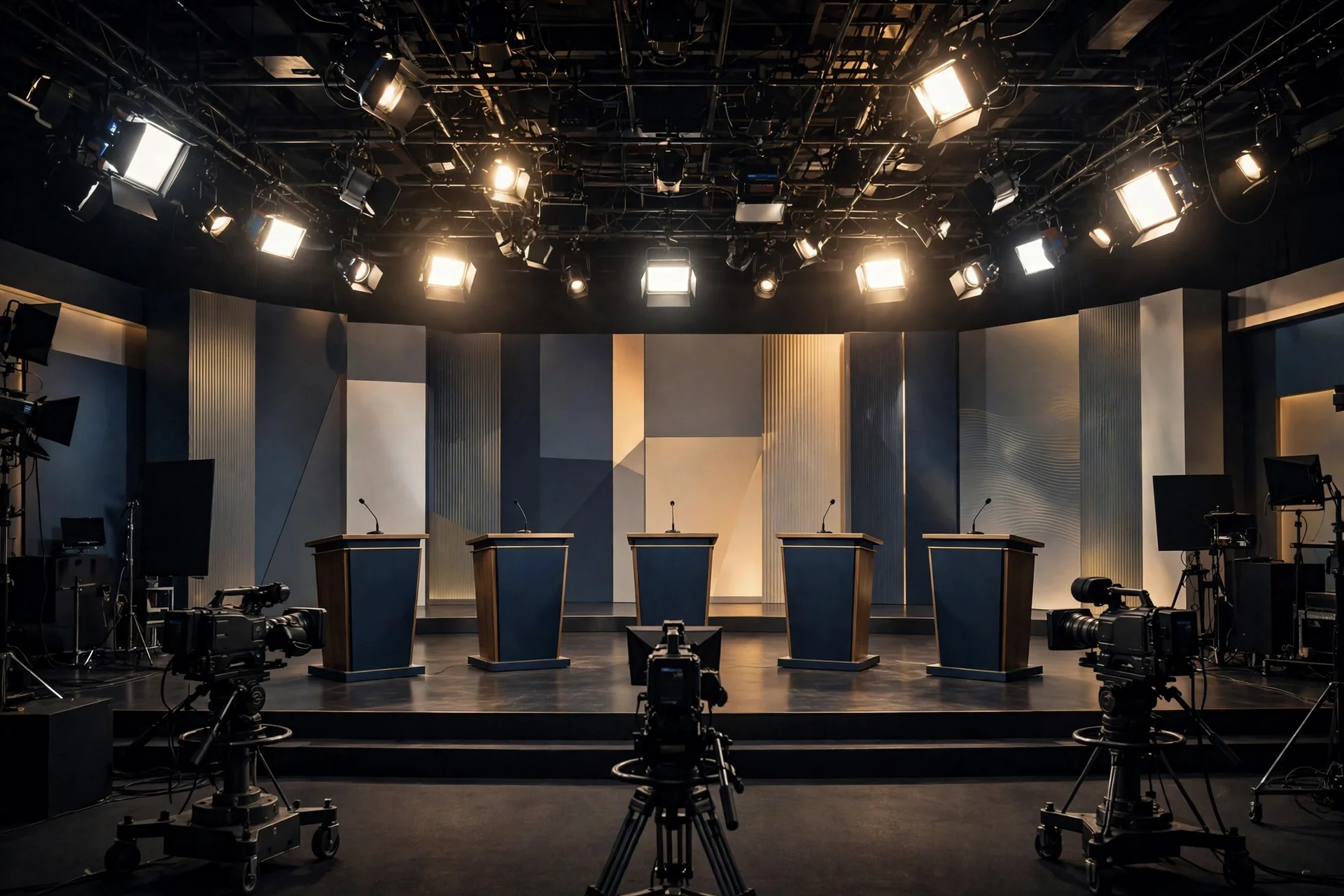Plató de televisión vacío con cinco atriles frente a cámaras e iluminación de estudio, listo para un debate electoral