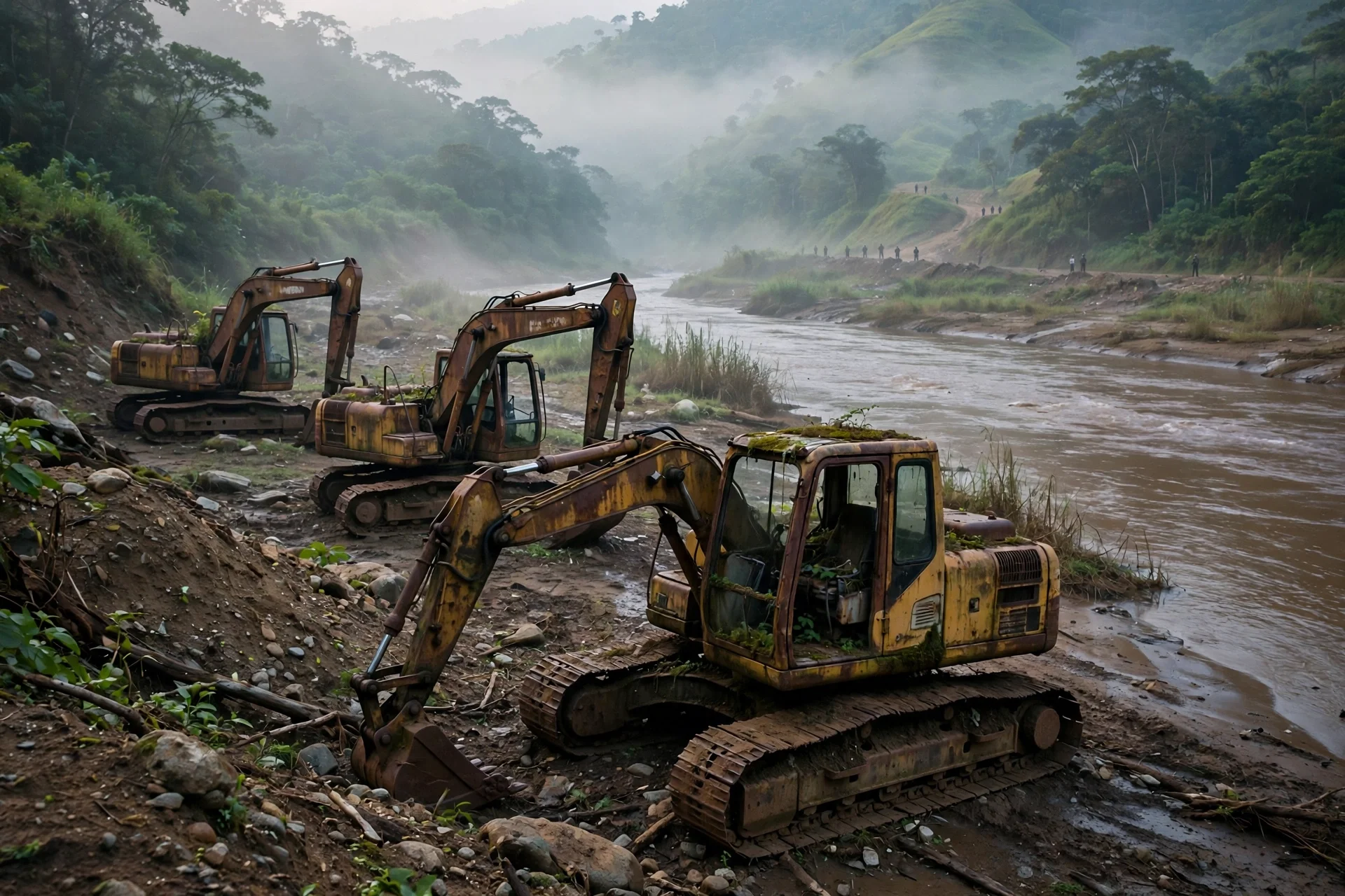 Tres excavadoras inmovilizadas en la orilla fangosa de un río entre colinas verdes del Bajo Cauca colombiano, con niebla de la mañana