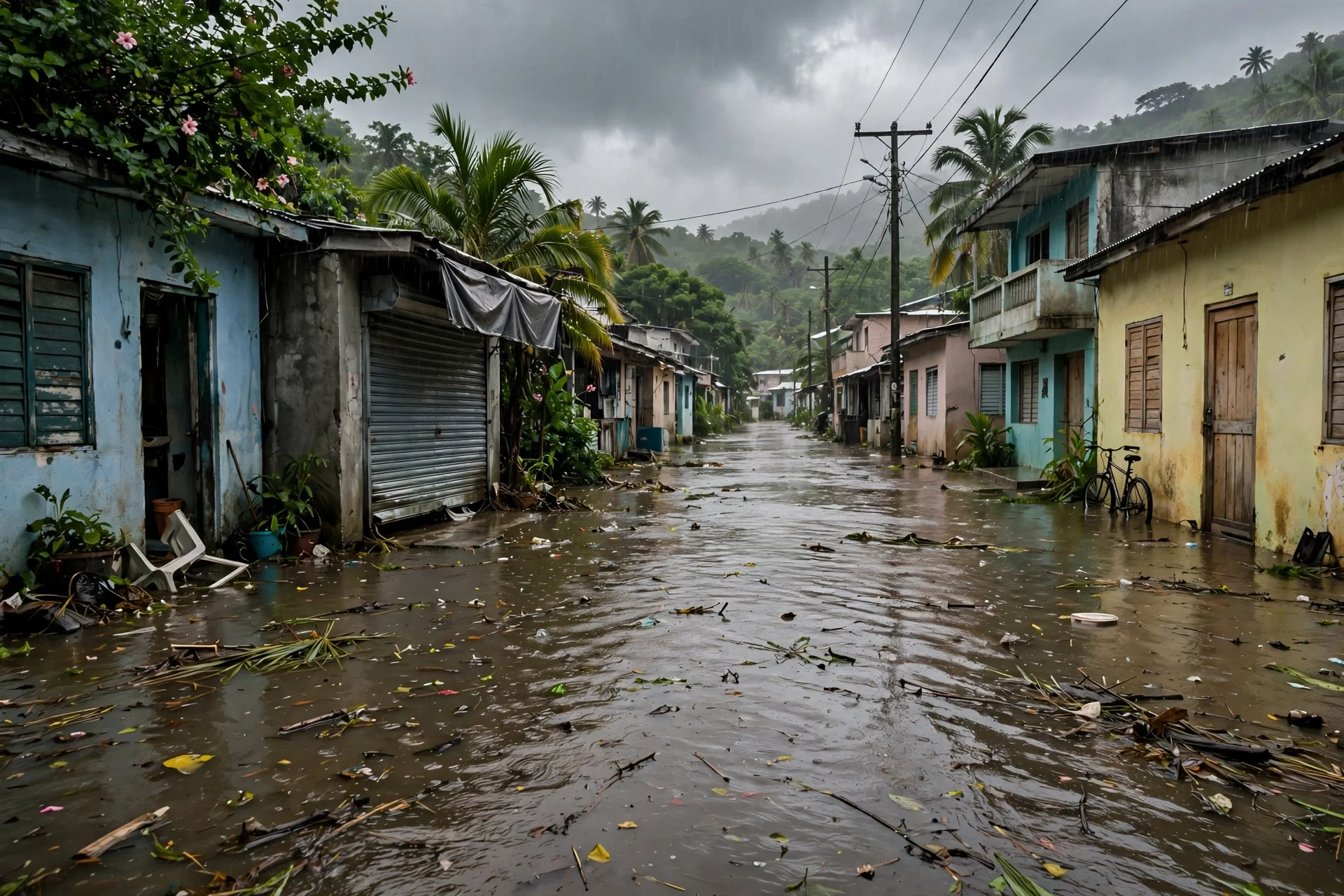 Calle residencial caribeña anegada tras lluvias intensas, con viviendas y comercios a ambos lados bajo un cielo nublado