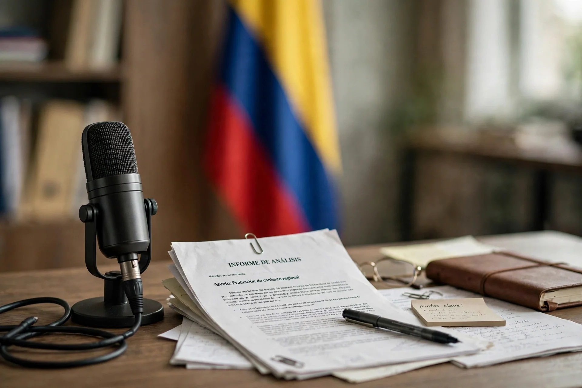 Micrófono y documentos de análisis sobre un escritorio de madera, con la bandera de Colombia desenfocada al fondo