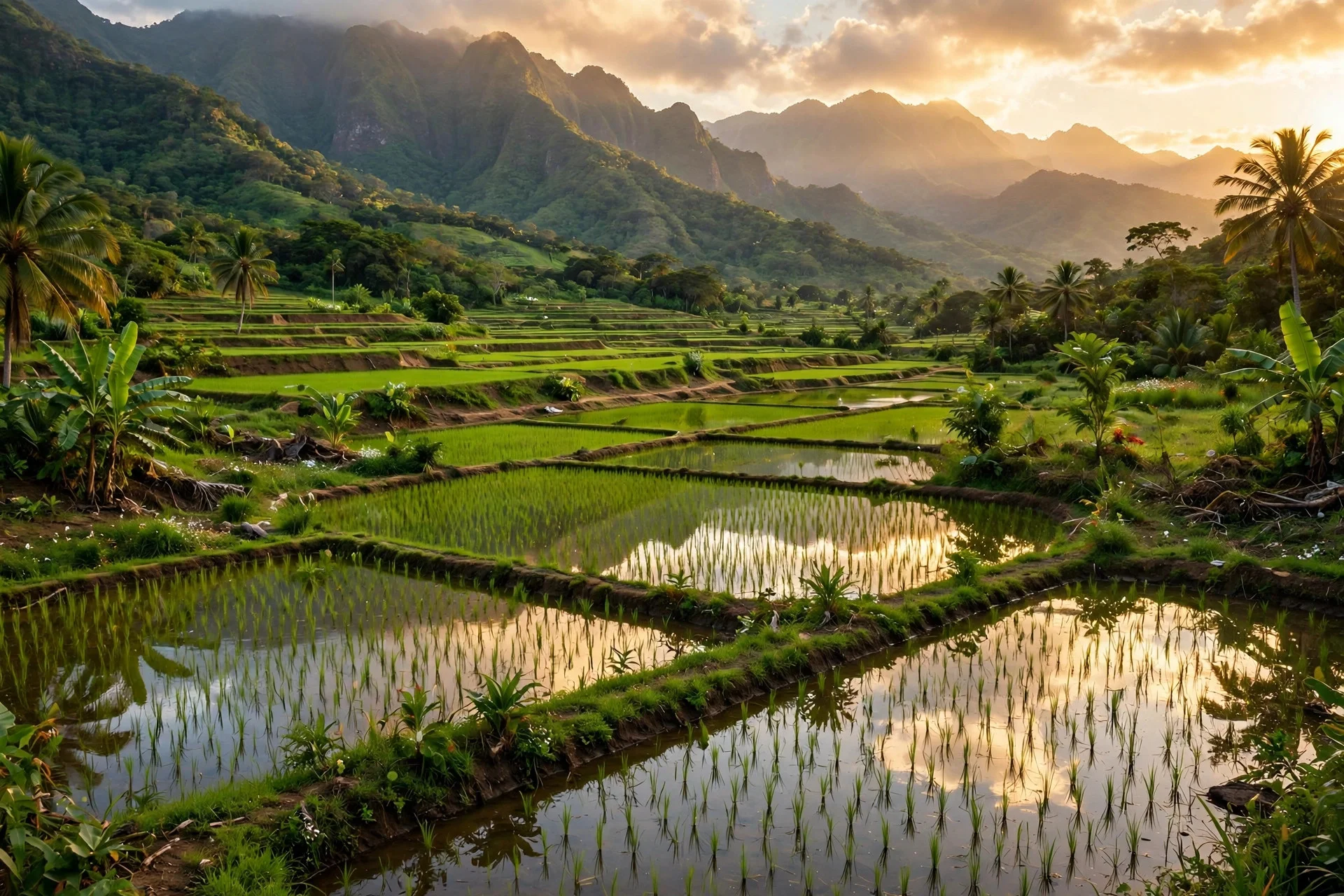 Arrozales en terrazas inundadas al atardecer, con palmeras y montañas verdes al fondo