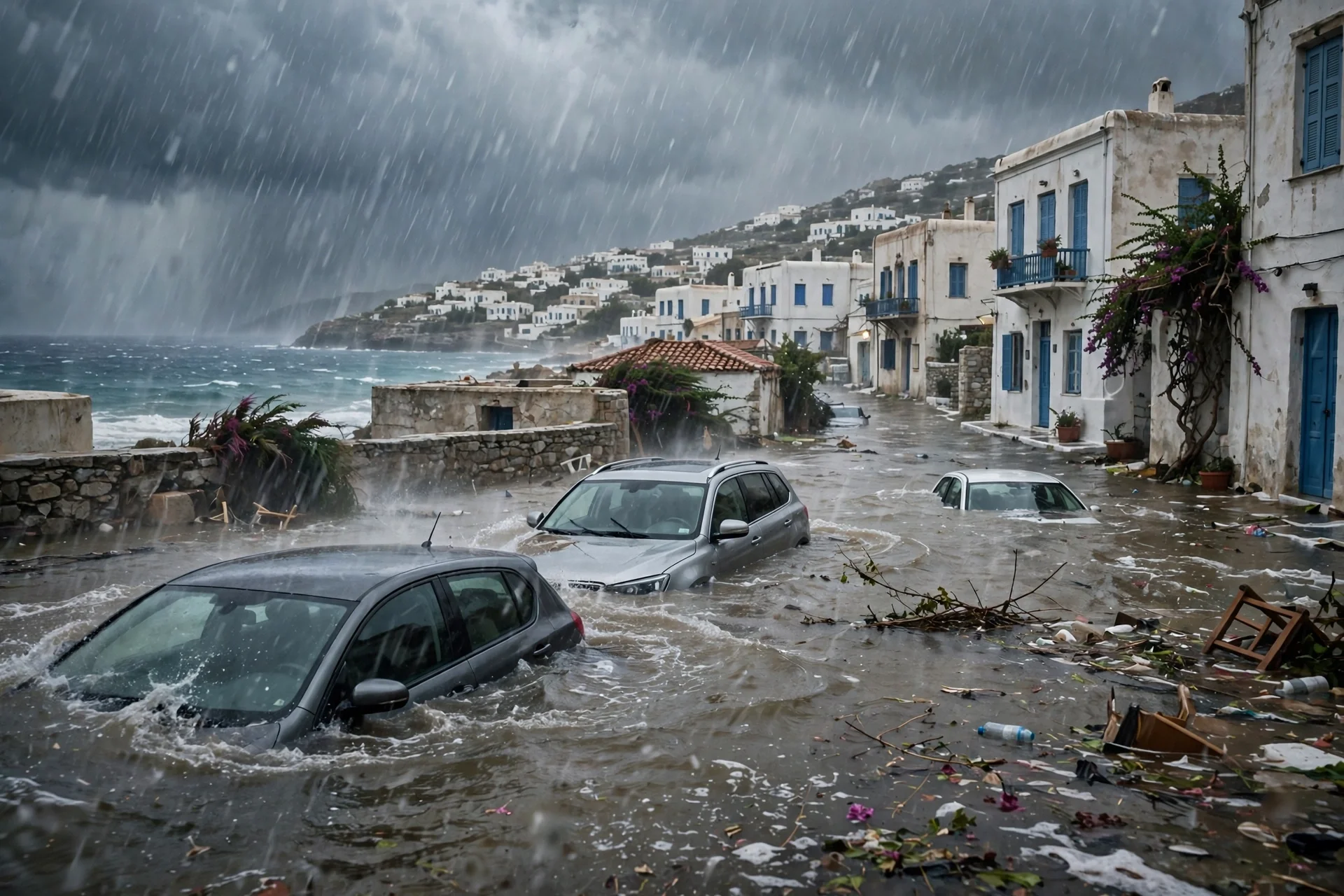 Calle costera de una isla griega inundada por un temporal, con vehículos sumergidos en el agua y lluvia intensa sobre casas blancas