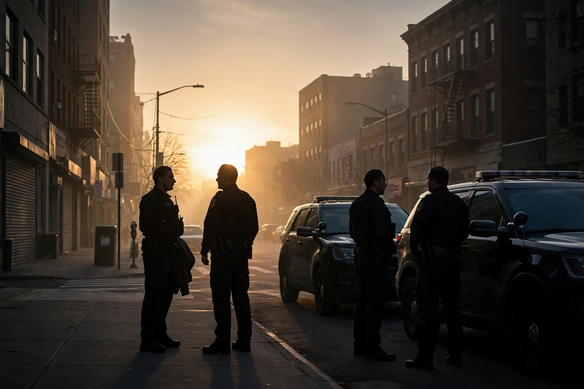 Agentes federales al amanecer junto a vehículos patrulla en una calle urbana de Estados Unidos