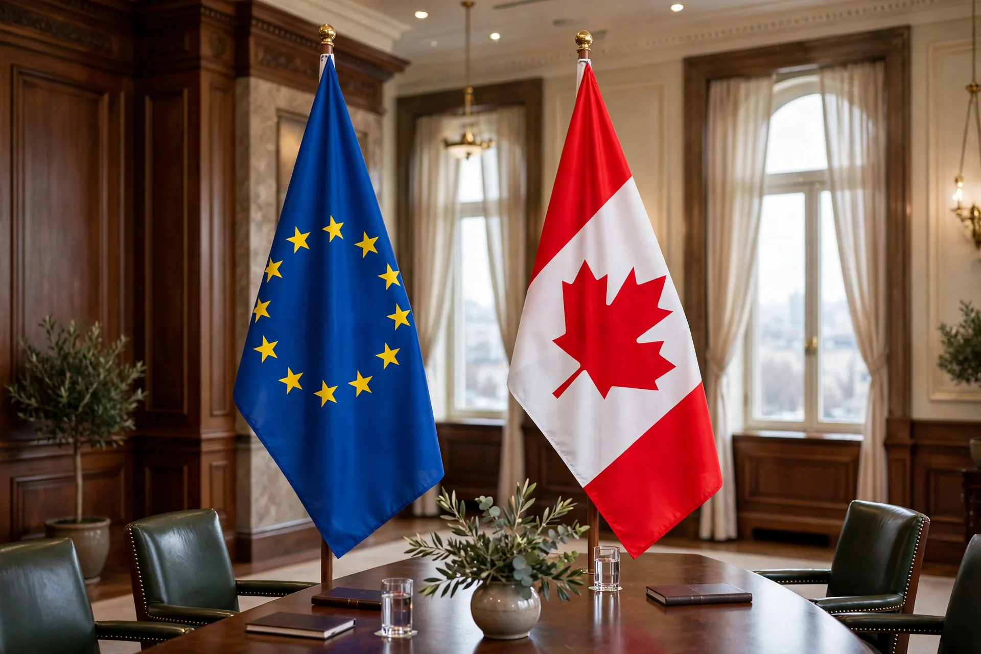 Banderas de la Unión Europea y de Canadá en un salón diplomático