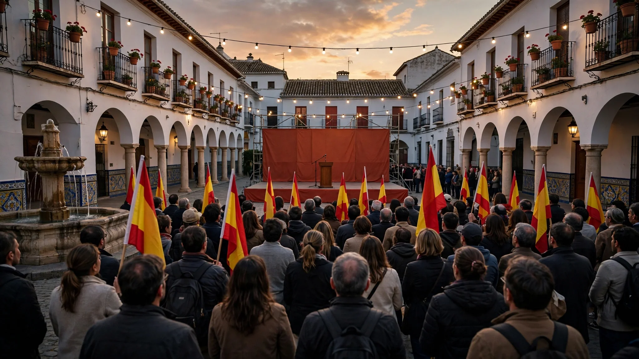 Mitin político al atardecer en una plaza andaluza, multitud con banderas de España y escenario con atril