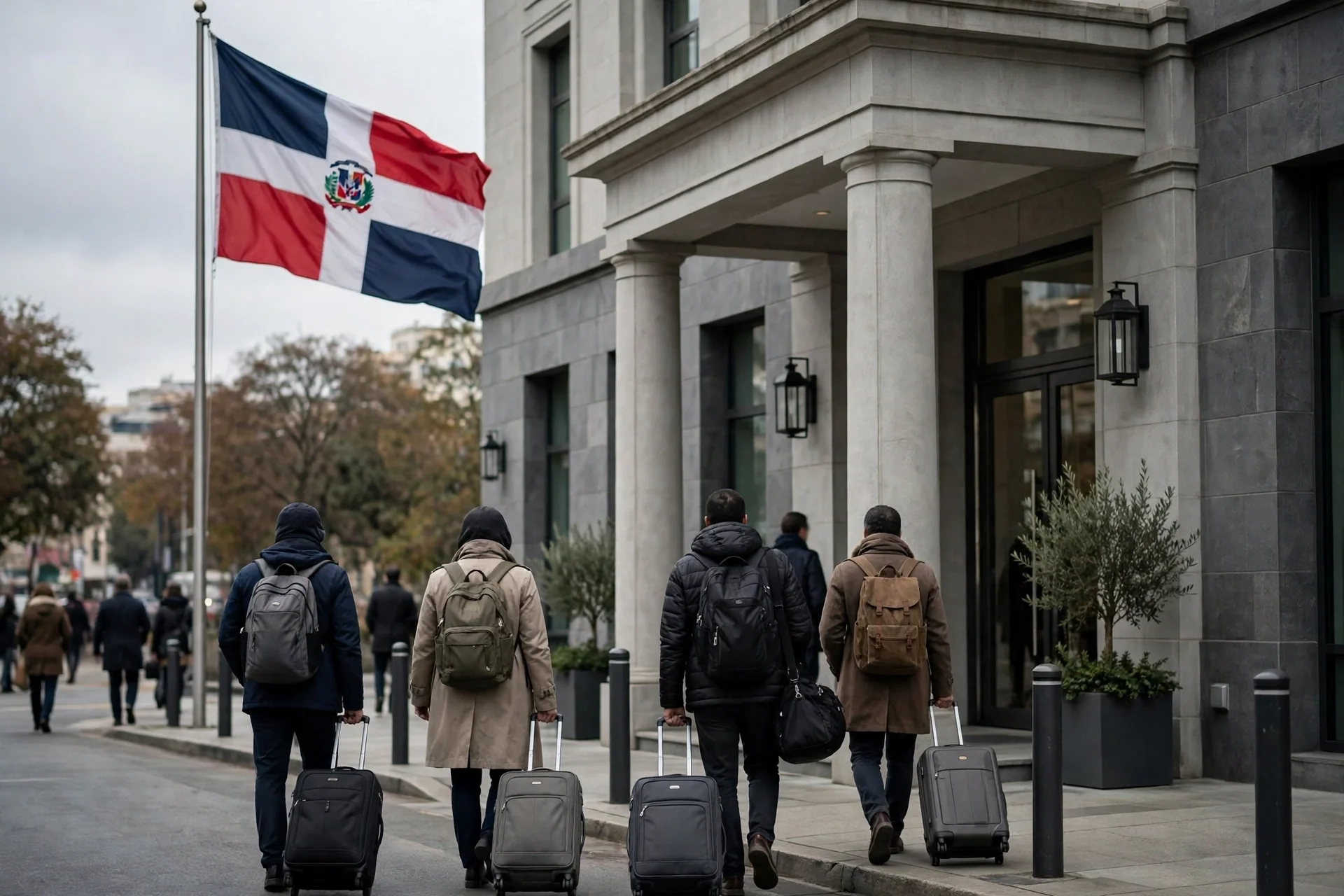 Sede diplomática con bandera dominicana y viajeros con equipaje en un regreso consular