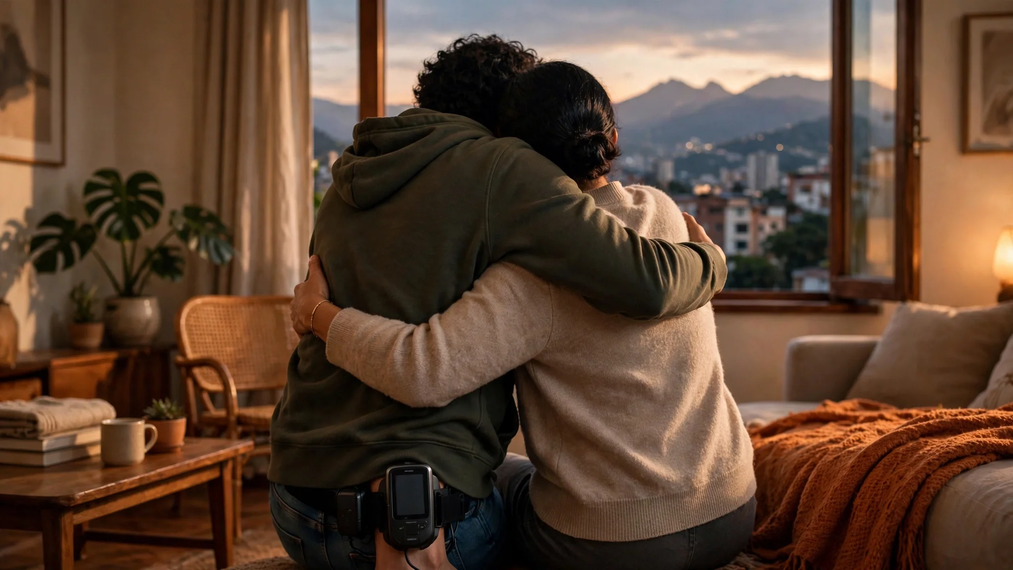 Dos personas abrazándose de espaldas en una sala cálida durante un reencuentro