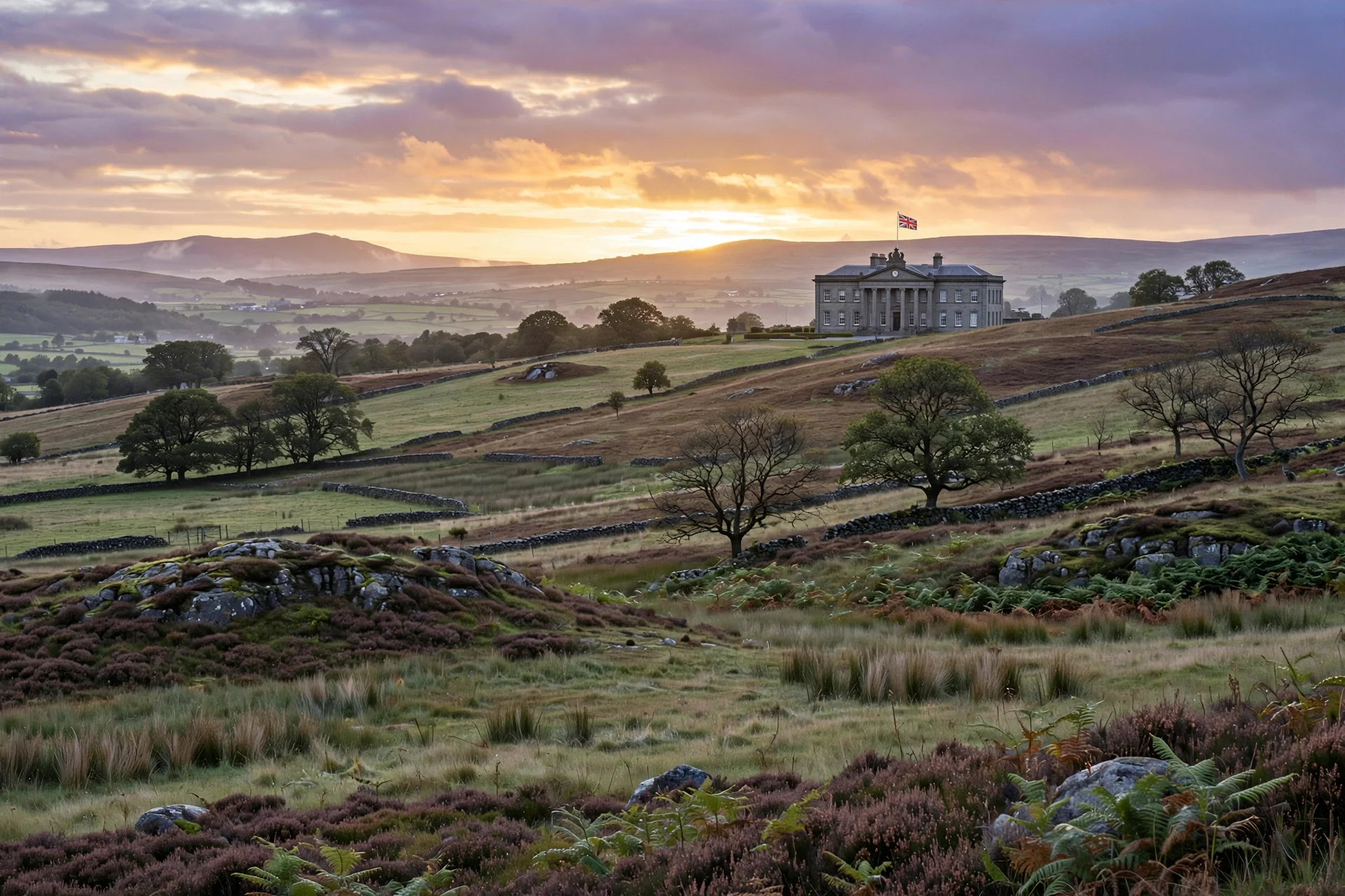 Paisaje del County Tyrone al atardecer con un edificio cívico clásico y la bandera británica ondeando sobre las colinas