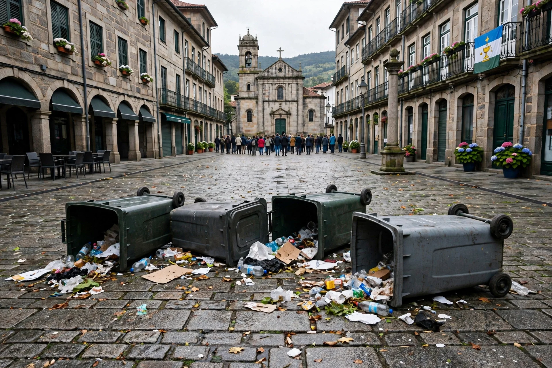 Plaza empedrada gallega con una iglesia al fondo, un grupo de personas reunidas a lo lejos y cuatro contenedores volcados con basura esparcida en primer plano