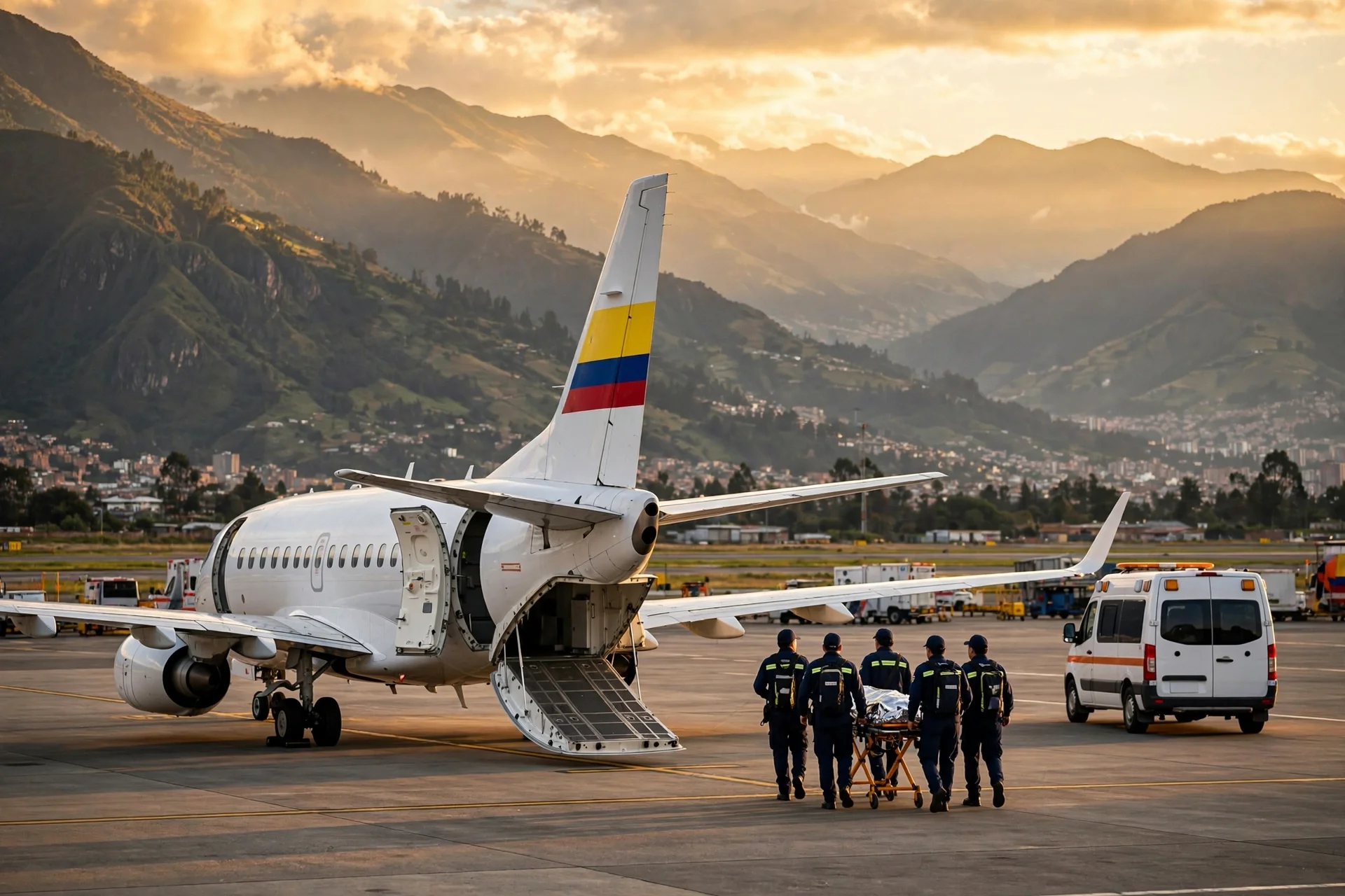 Avión ambulancia blanco con la bandera de Colombia en la cola, detenido en la pista de un aeropuerto andino al atardecer, mientras un equipo médico uniformado traslada una camilla hacia una ambulancia blanca.
