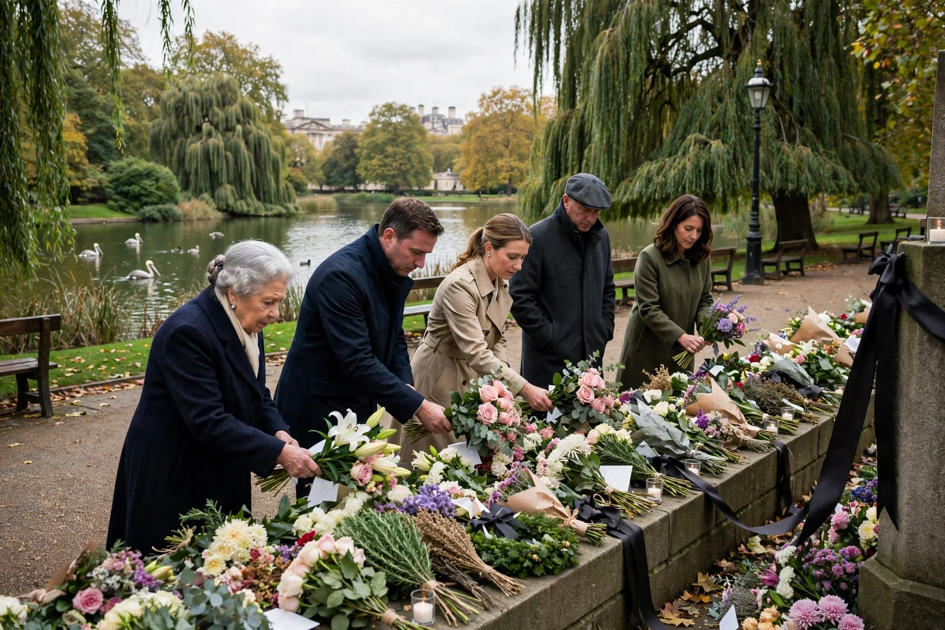 People laying flowers and handwritten notes at a memorial beside a lake in a London park, with willow trees and autumn light
