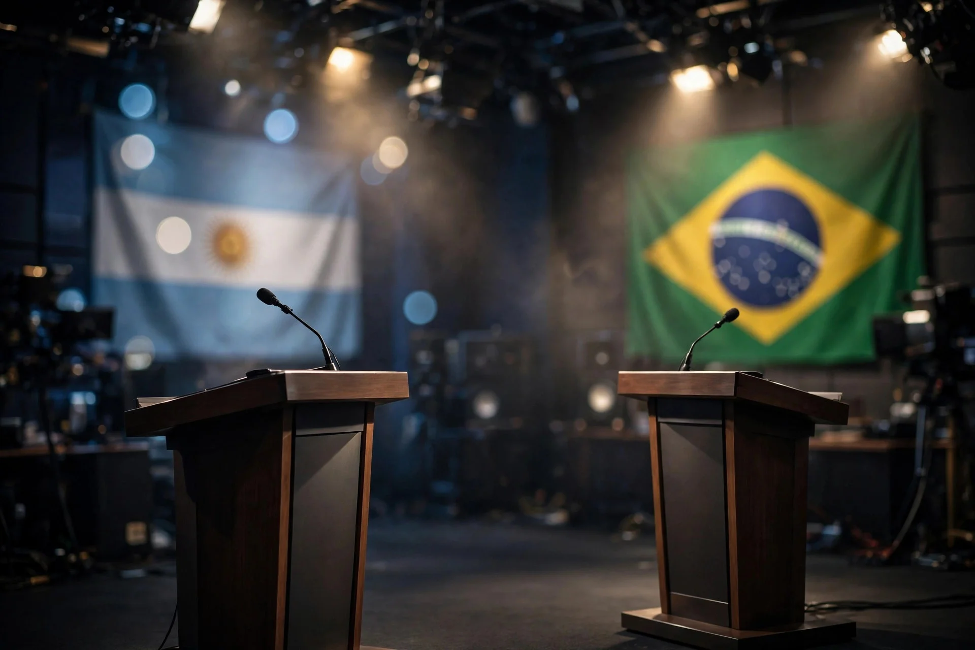 Dos podios de madera con micrófonos vacíos en un estudio de debate televisivo, con las banderas de Argentina y Brasil desenfocadas al fondo bajo los focos