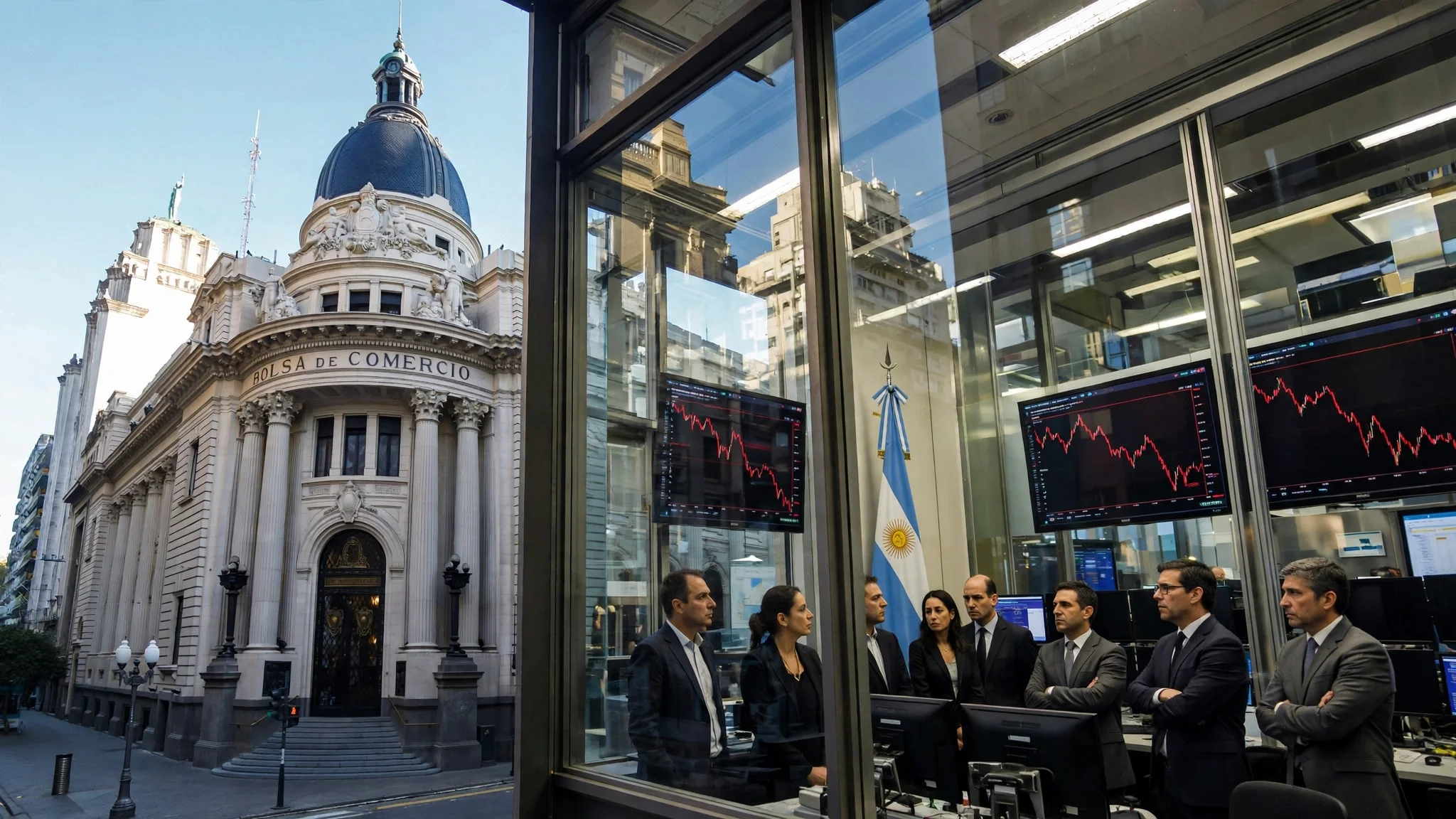 Fachada de la Bolsa de Comercio de Buenos Aires junto a operadores que miran pantallas con gráficos rojos en caída y una bandera argentina