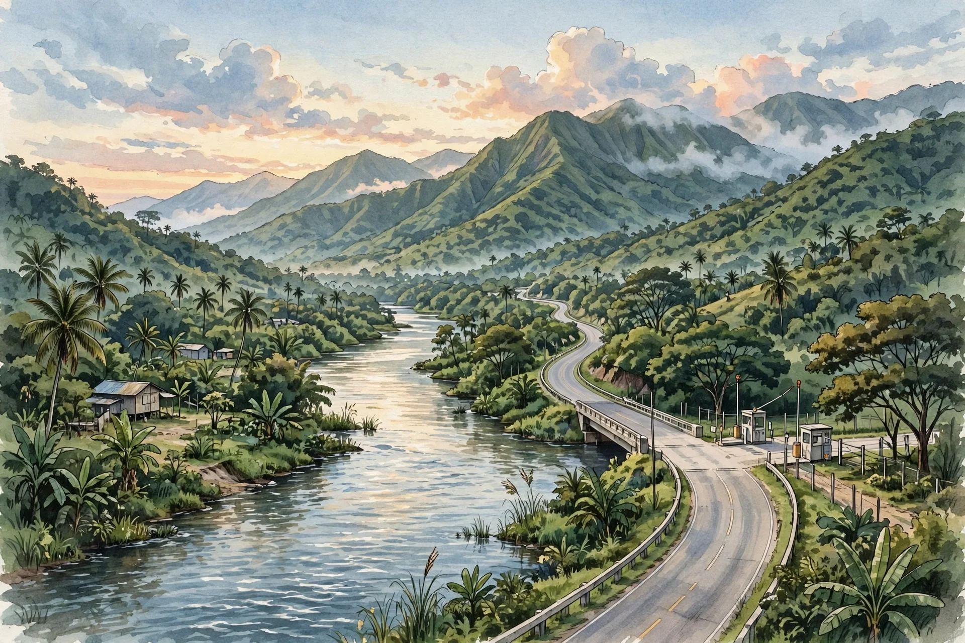 Ilustración de una carretera fronteriza caribeña junto a un río, entre montañas verdes, al amanecer