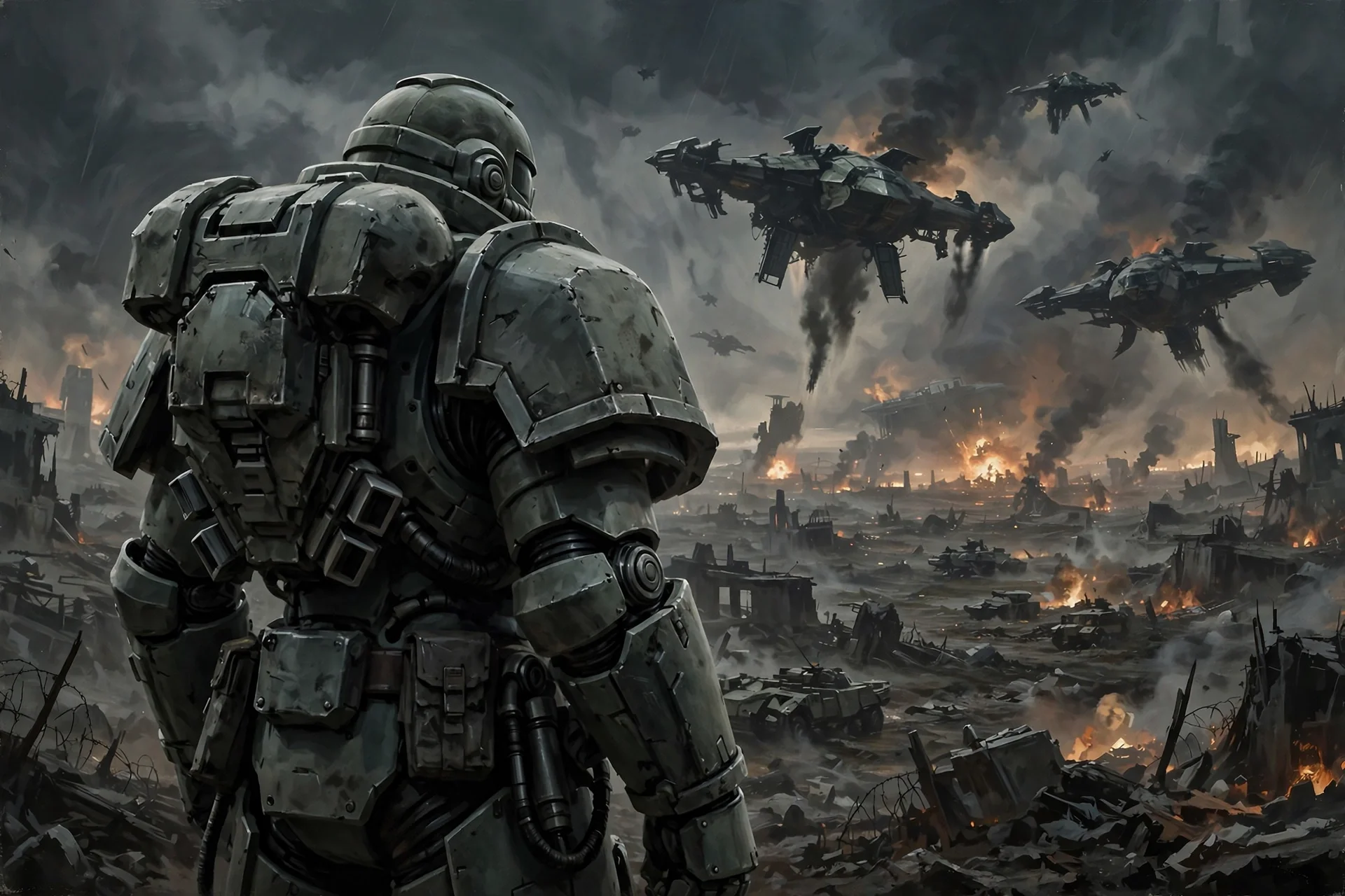 Soldado de armadura pesada de ciencia ficción visto de espaldas, con naves de descenso sobre un campo de batalla en ruinas