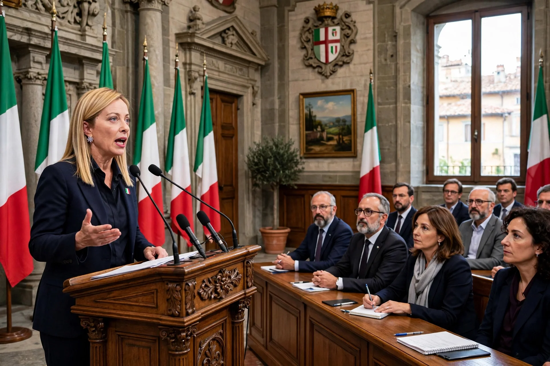 Ilustración editorial de Giorgia Meloni ante una asamblea de administradores locales italianos