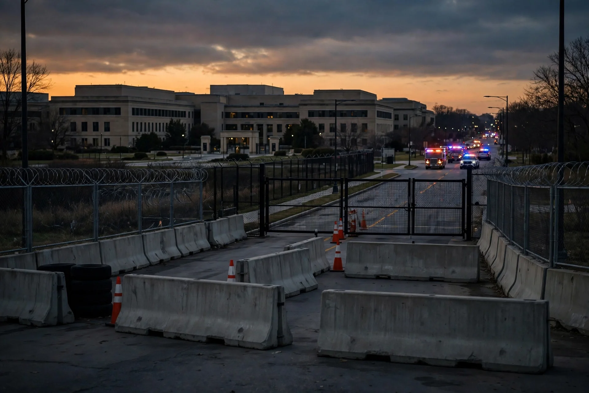 Entrada con barricadas de una instalación federal al atardecer con vehículos de emergencia a lo lejos