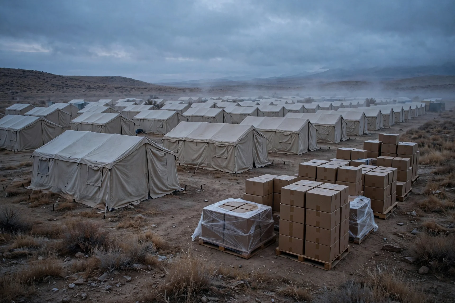 Filas de tiendas de refugio humanitario al anochecer en un terreno seco, con cajas de ayuda apiladas en primer plano, sin personas