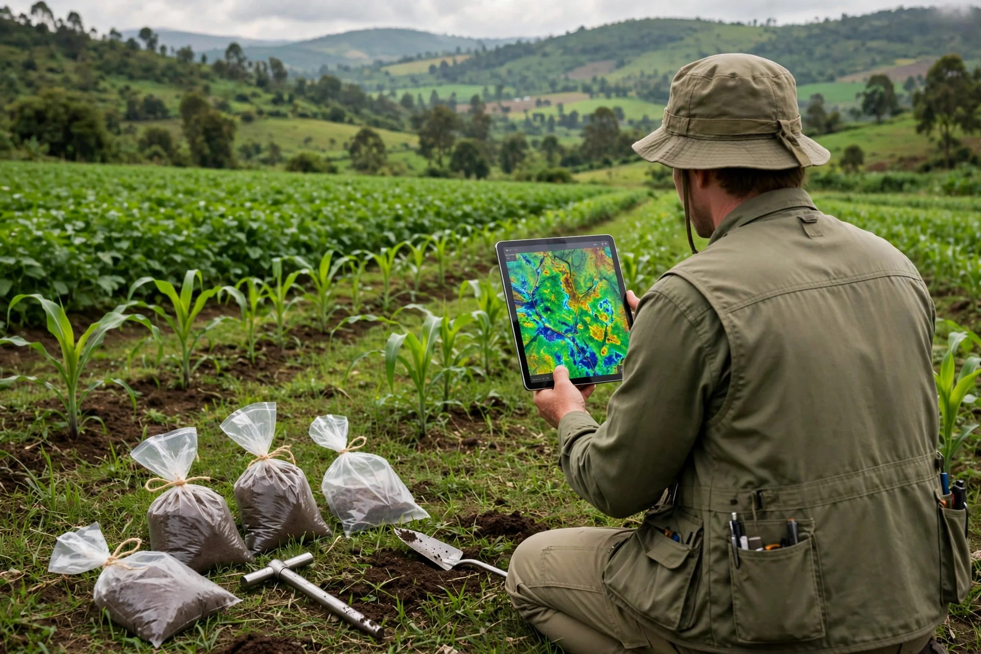 Técnico agrícola de espaldas en un campo verde de Kenia con tableta con mapa digital del suelo y bolsas de muestras de tierra
