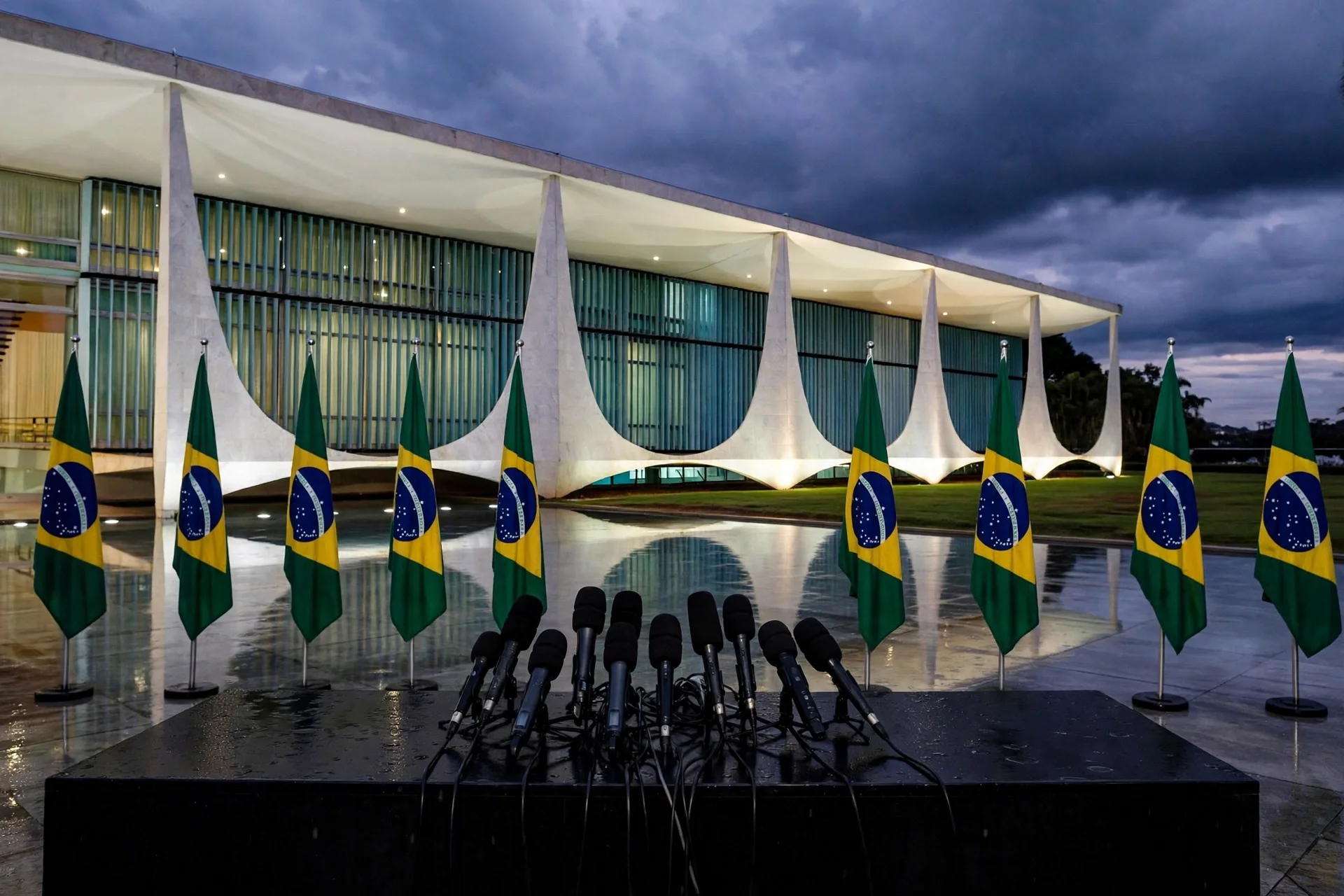 Palacio de la Alvorada en Brasilia al anochecer con banderas de Brasil y micrófonos de prensa en primer plano