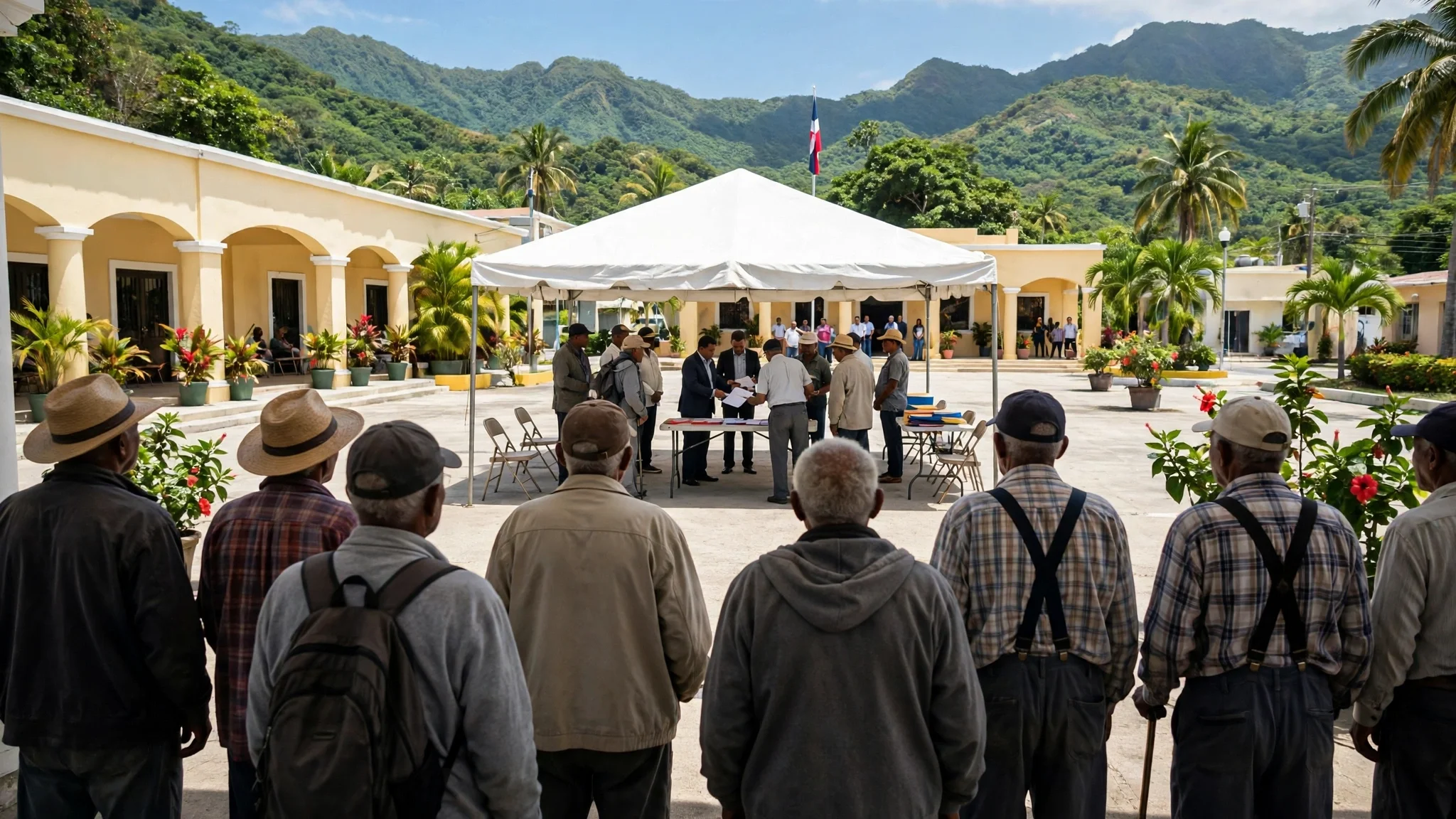 Trabajadores mayores vistos de espaldas frente a una carpa blanca en una plaza de Bonao, con montañas verdes y la bandera dominicana al fondo