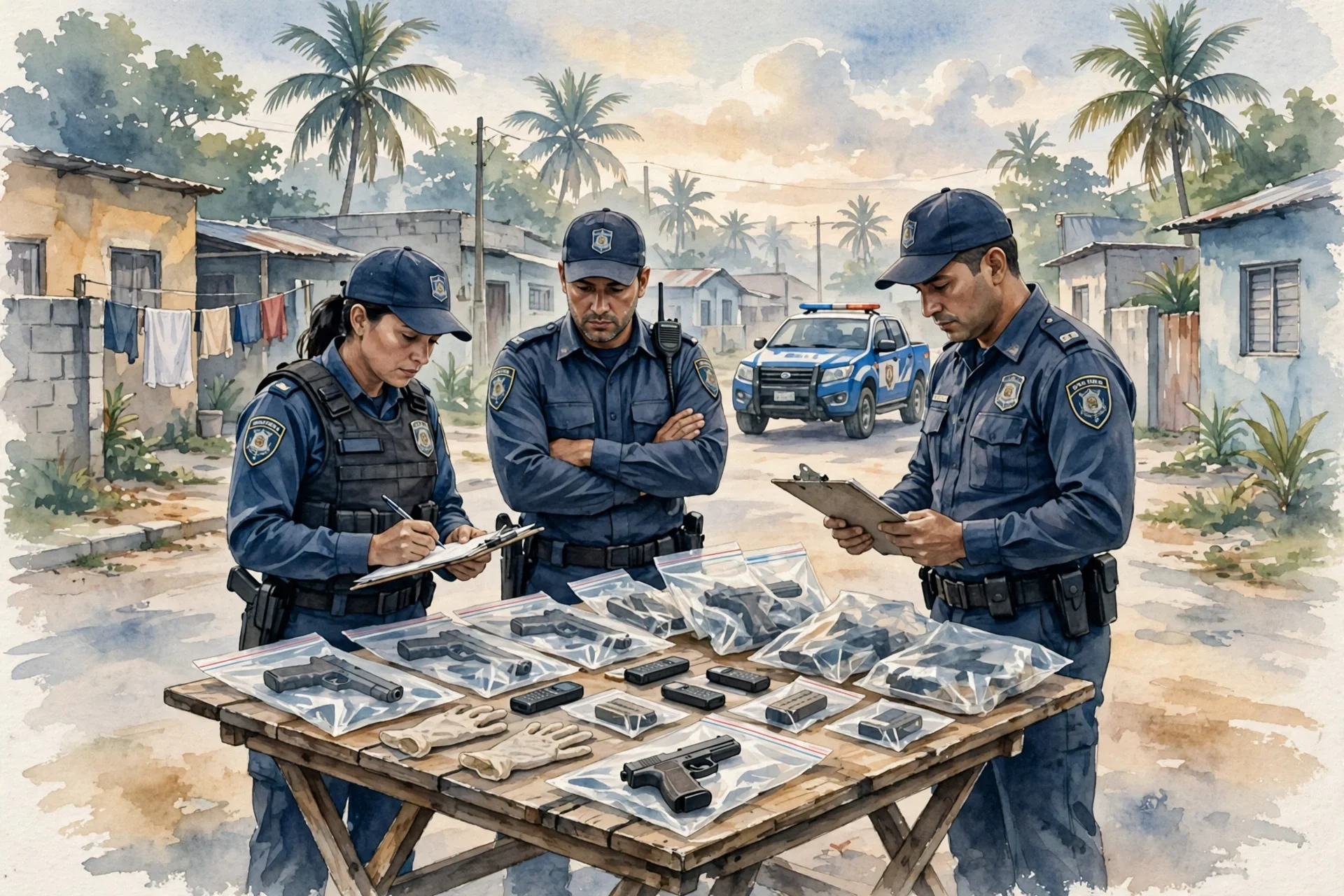 Ilustración editorial en acuarela de agentes de policía junto a una mesa con evidencias incautadas en bolsas selladas, en un barrio caribeño con palmeras