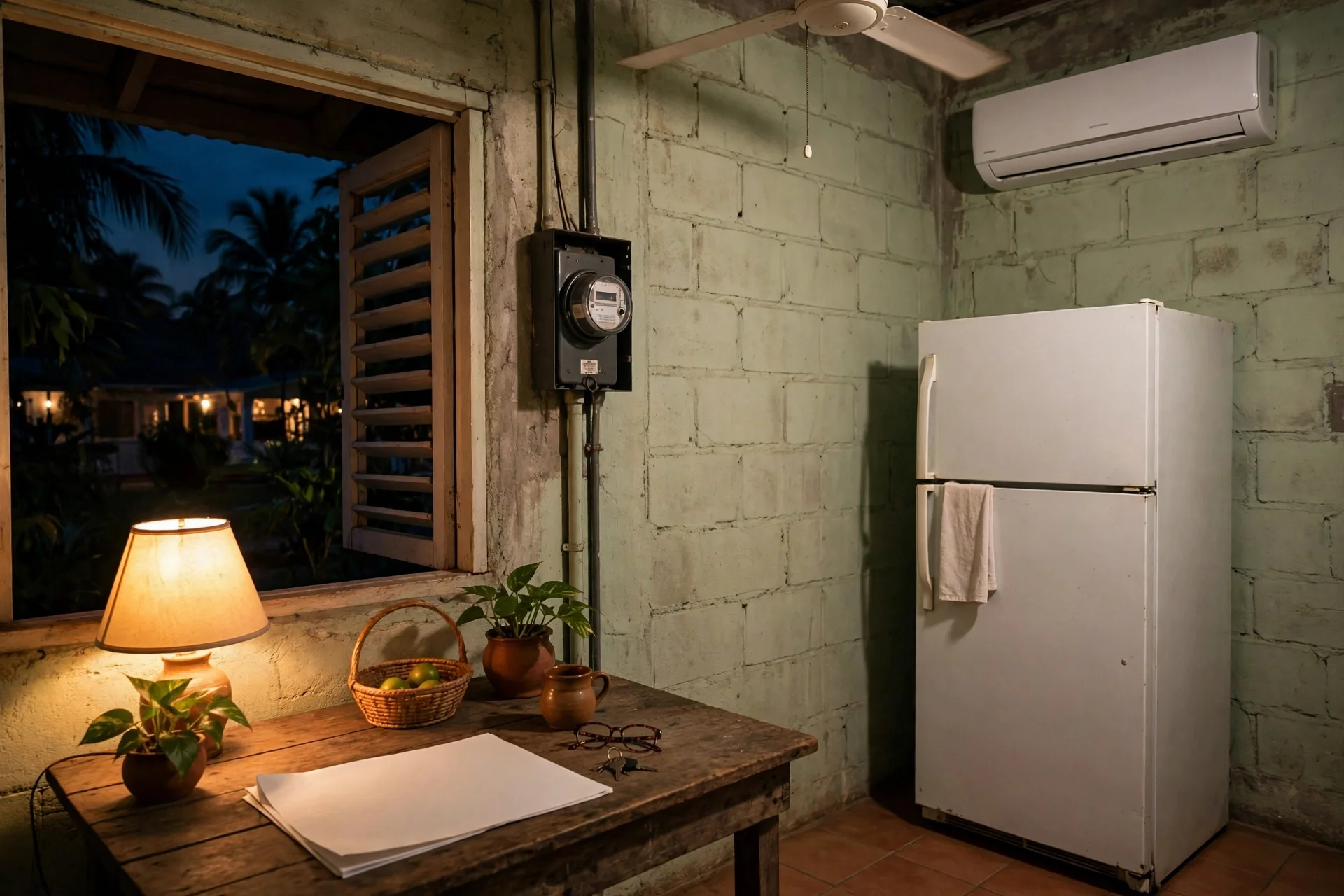 Interior de un hogar al anochecer con contador eléctrico, aire acondicionado y nevera
