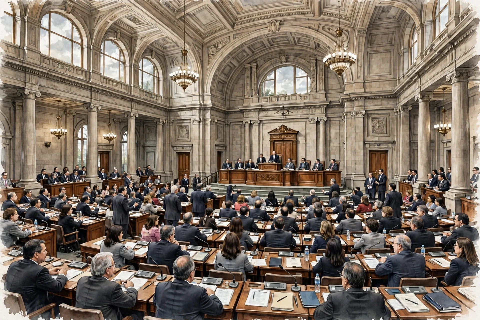 Ilustración de una cámara legislativa con congresistas debatiendo en sus curules