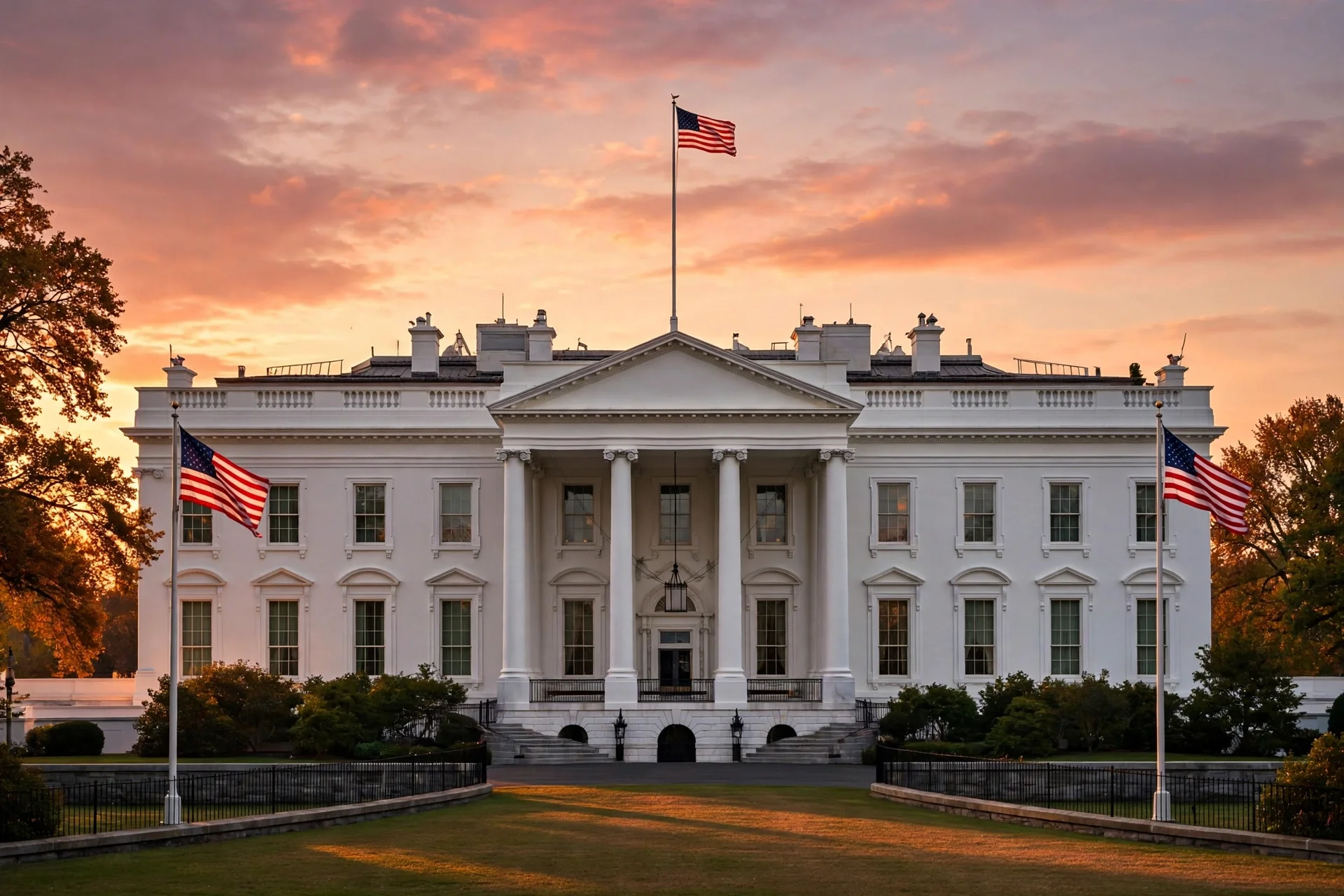 Fachada norte de la Casa Blanca al atardecer, con banderas de Estados Unidos ondeando bajo un cielo rosado, sin personas