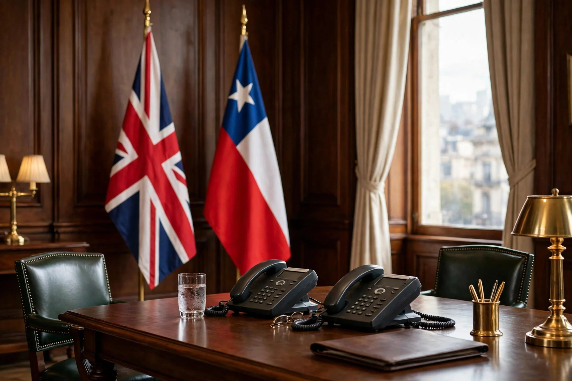 Sala oficial con las banderas del Reino Unido y de Chile una junto a otra, alusiva a una llamada diplomática entre Londres y Santiago